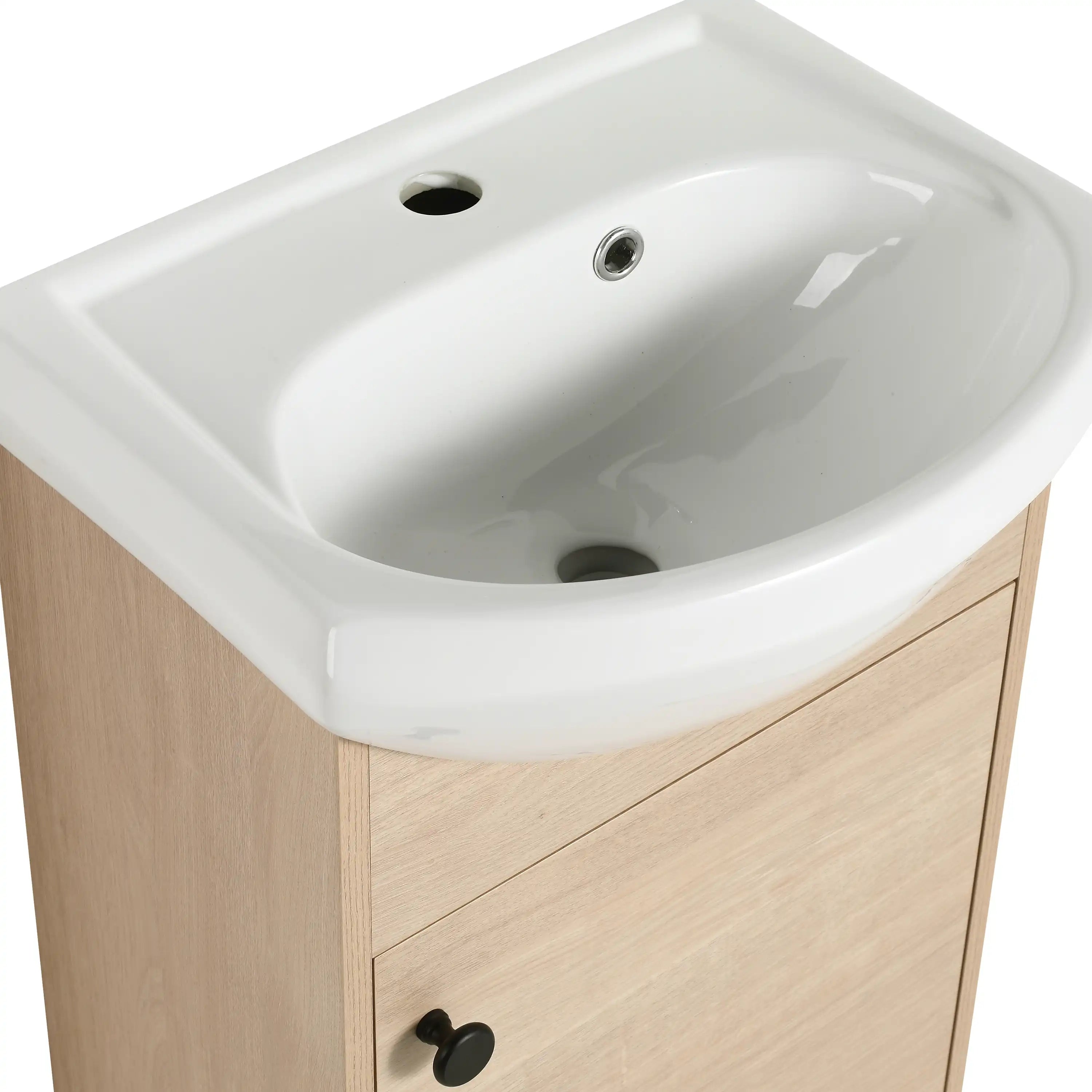 18" bathroom vanity with bowl sink highlighting curved ceramic basin detail.