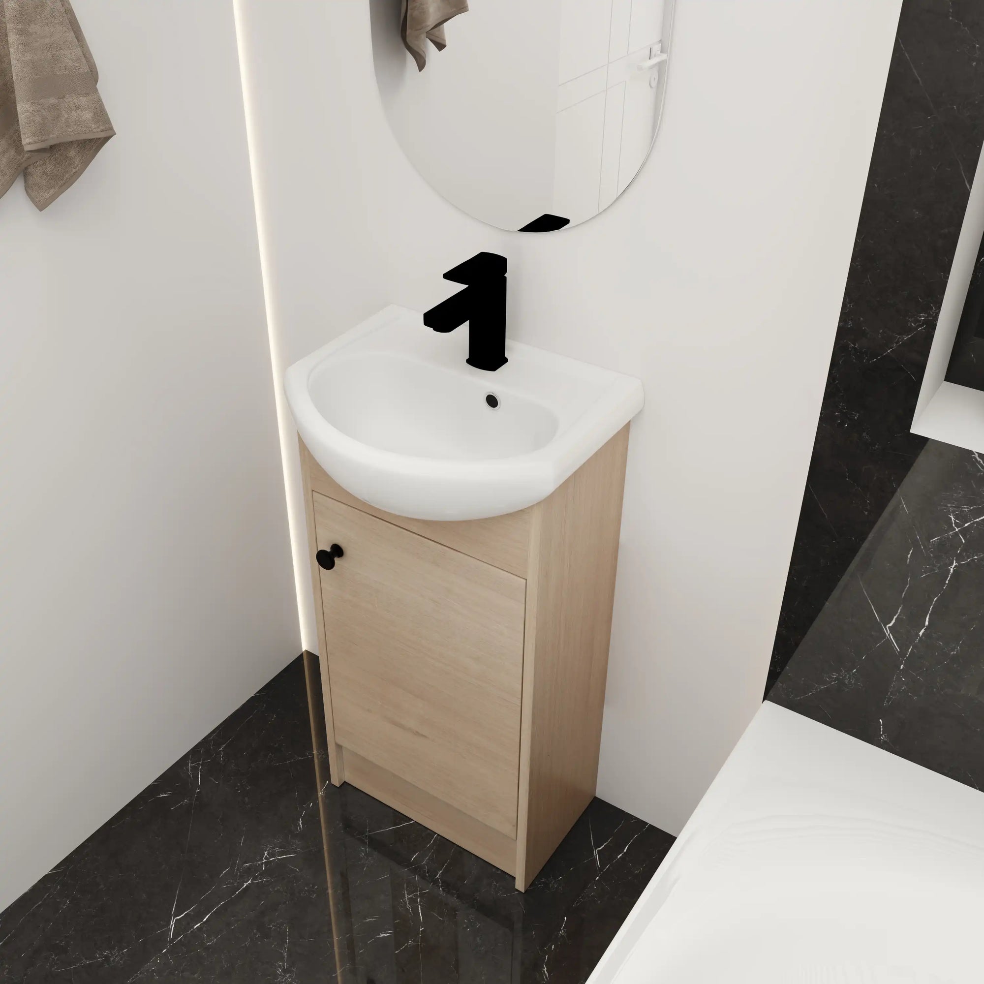 18" bathroom vanity with bowl sink angled view in compact bathroom layout | Ace Decor