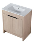 Front angled view of 24" light oak 24in bathroom vanity with white integrated sink and double doors | Ace Decor