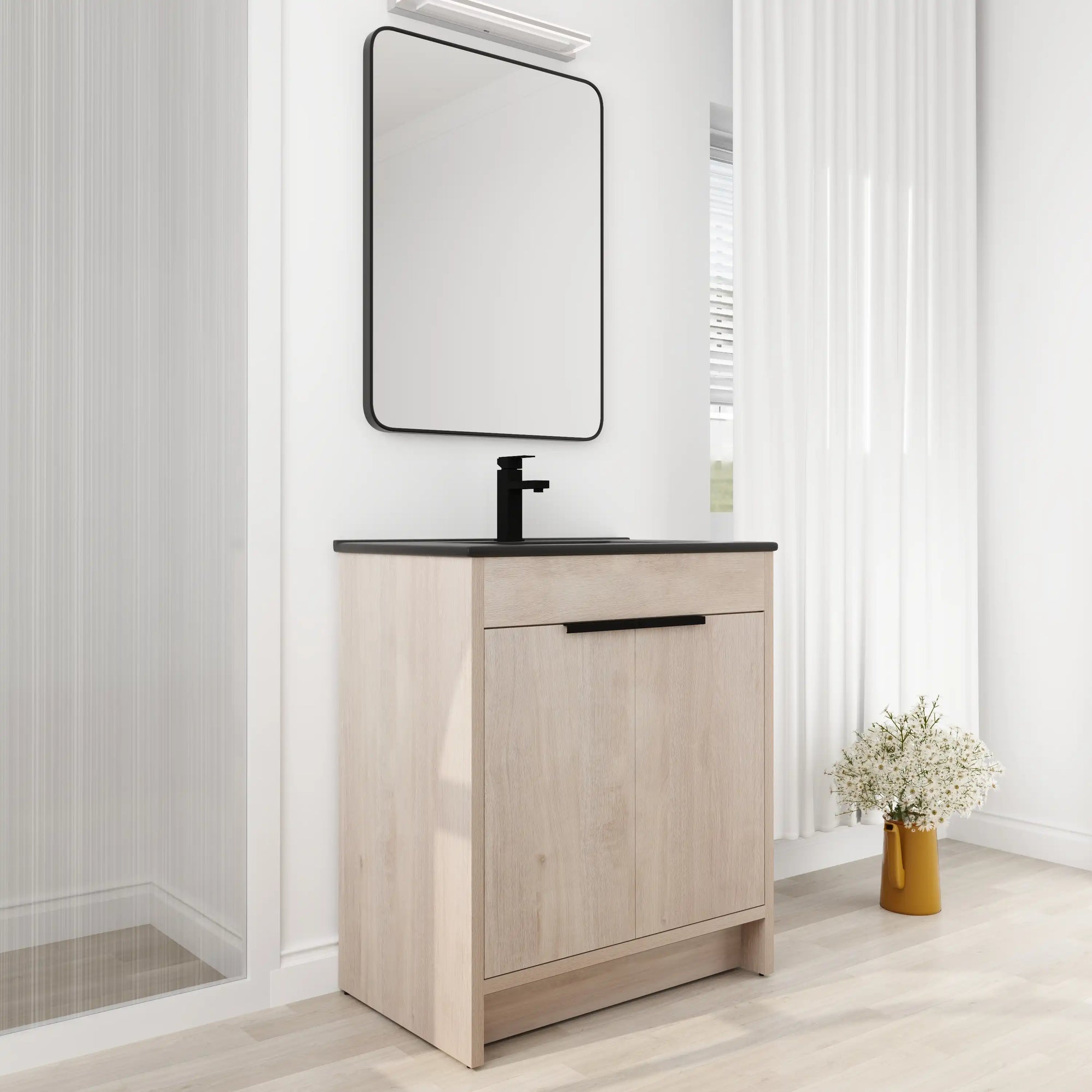 30 inch bathroom vanity with top installed in modern bathroom setting, freestanding light oak cabinet | Ace Decor