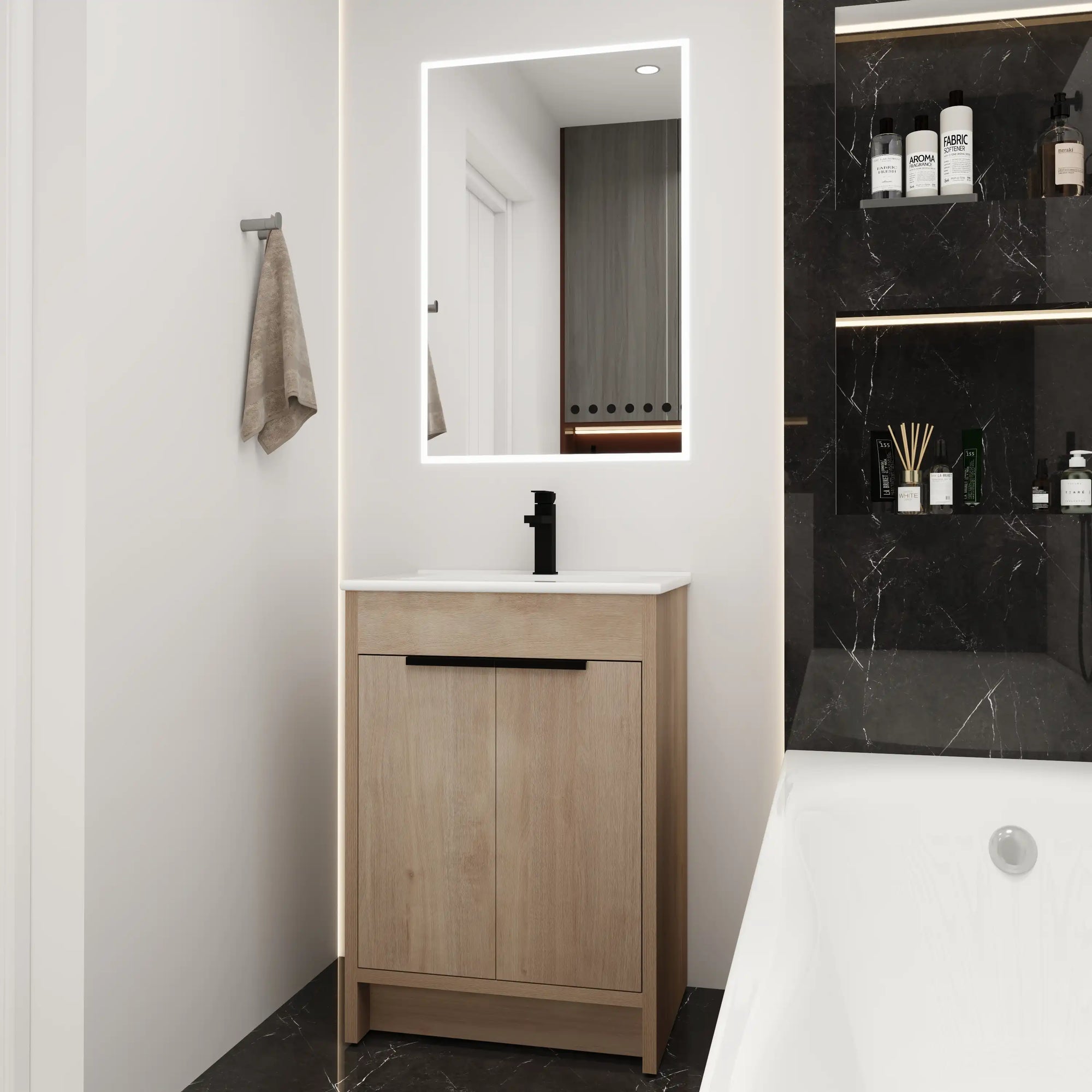 Modern bathroom scene featuring a 24" 24in bathroom vanity with integrated sink and freestanding design | Ace Decor