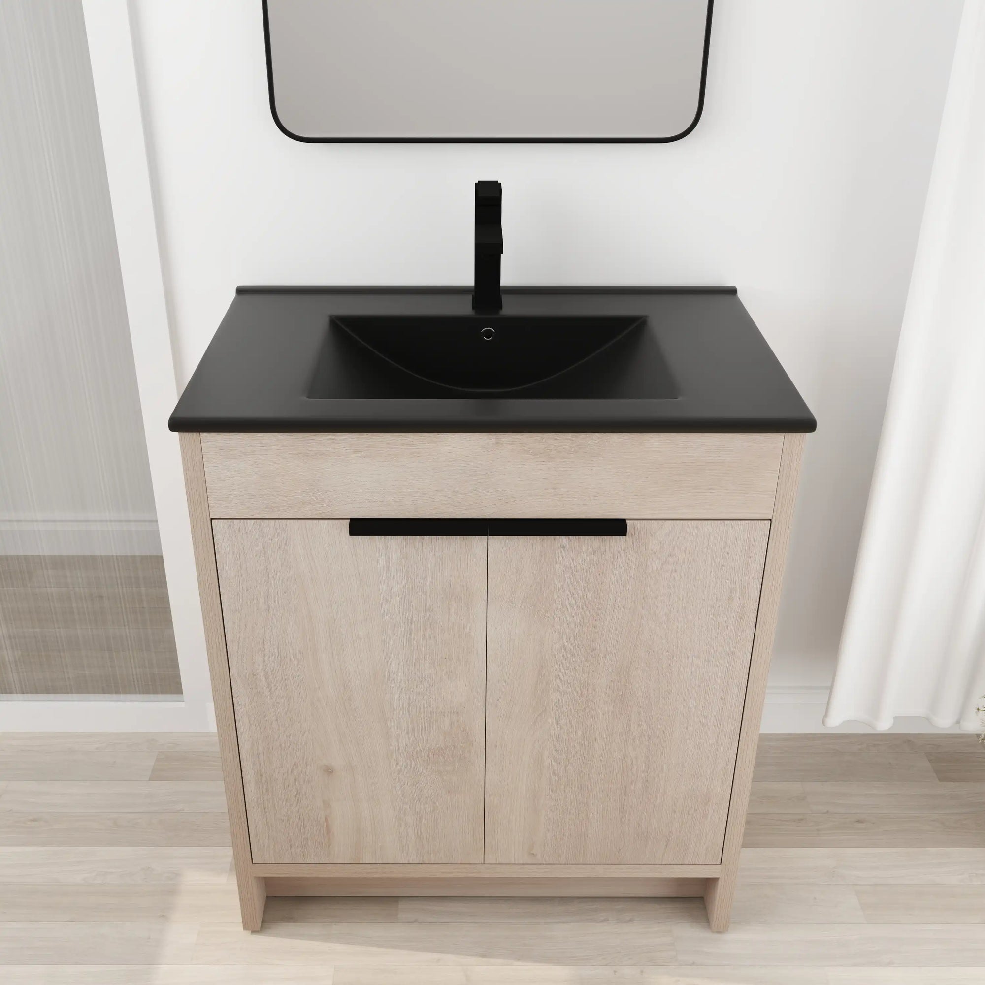 30 inch bathroom vanity with top featuring black integrated sink and modern faucet, front view, 30" | Ace Decor
