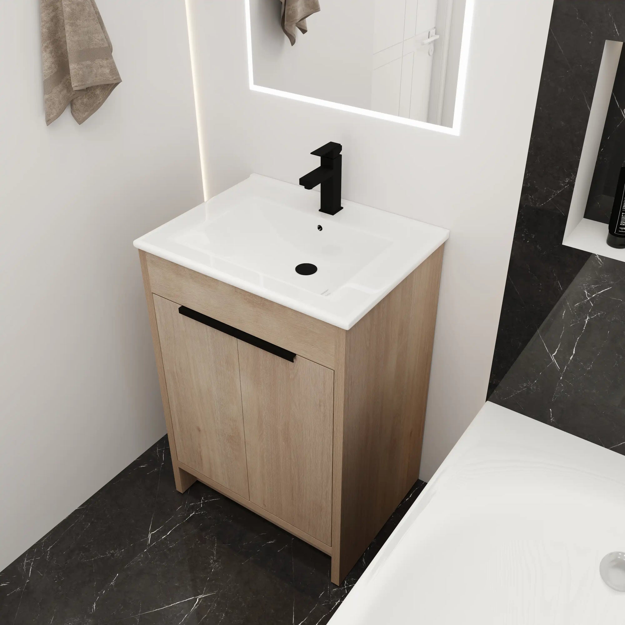 Open cabinet view of 24" light oak 24in bathroom vanity with adjustable shelf and white integrated sink | Ace Decor