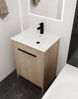 Open cabinet view of 24" light oak 24in bathroom vanity with adjustable shelf and white integrated sink | Ace Decor