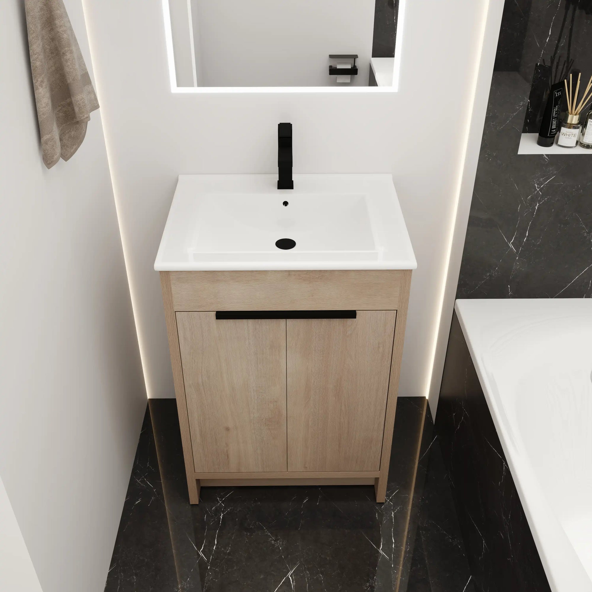Front bathroom view of 24" light oak 24in bathroom vanity with white integrated sink and matte black faucet | Ace Decor