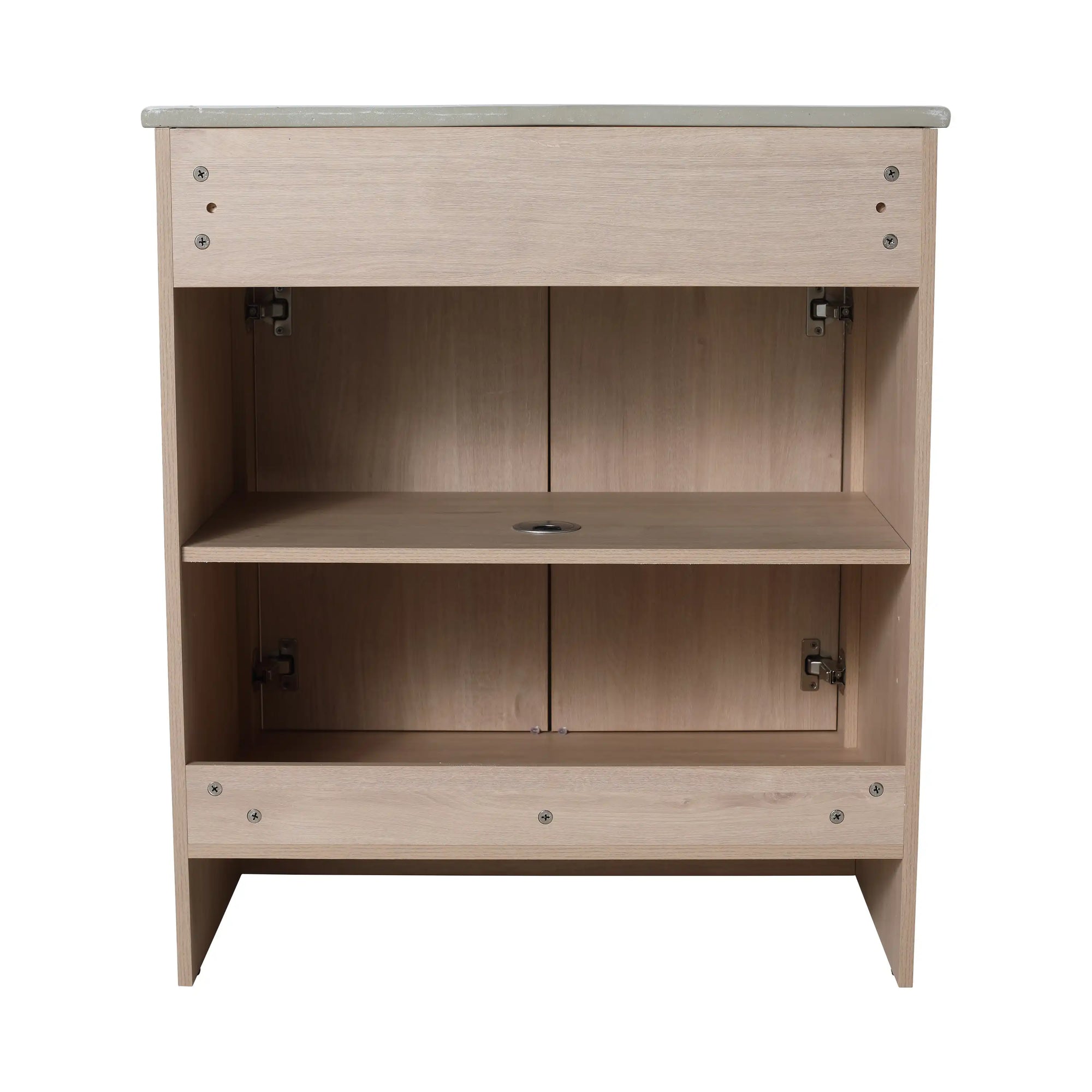 Interior storage view of 24" 24in bathroom vanity with adjustable shelf and plumbing cutout | Ace Decor