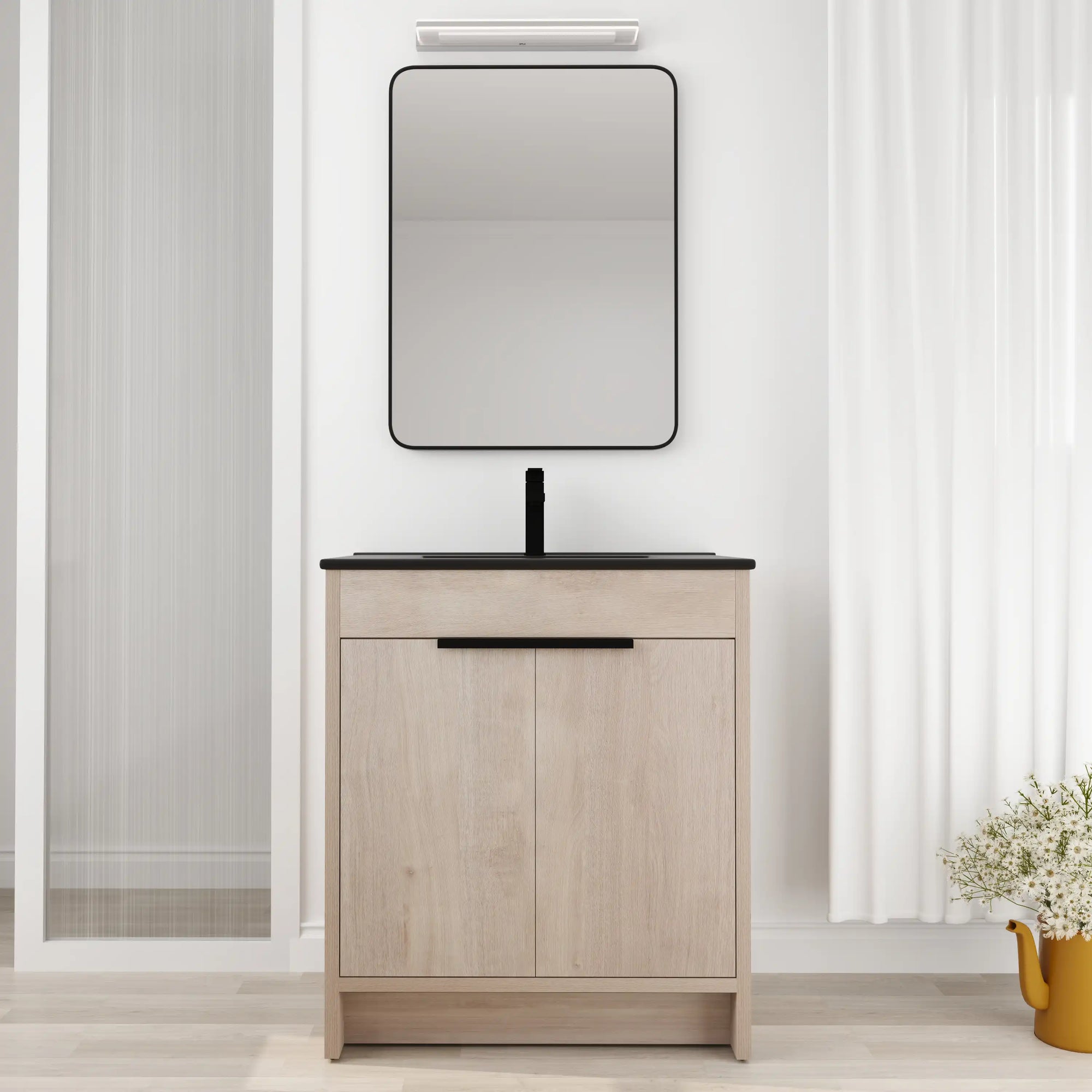 30 inch bathroom vanity with top styled in modern bathroom, freestanding light oak cabinet, 30" | Ace Decor