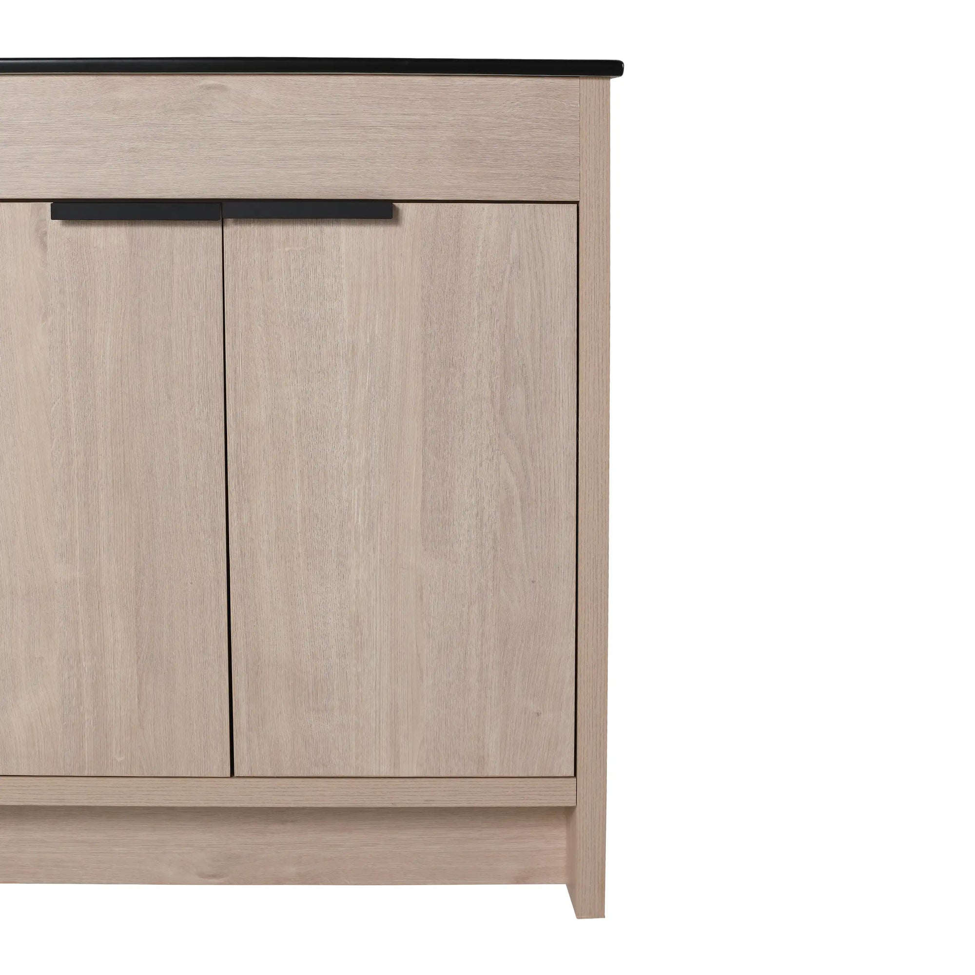 30 inch bathroom vanity with top detail showing light oak cabinet doors and black handle | Ace Decor