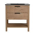 30" freestanding bathroom vanity with black integrated sink, imitative oak finish, front view | Ace Decor