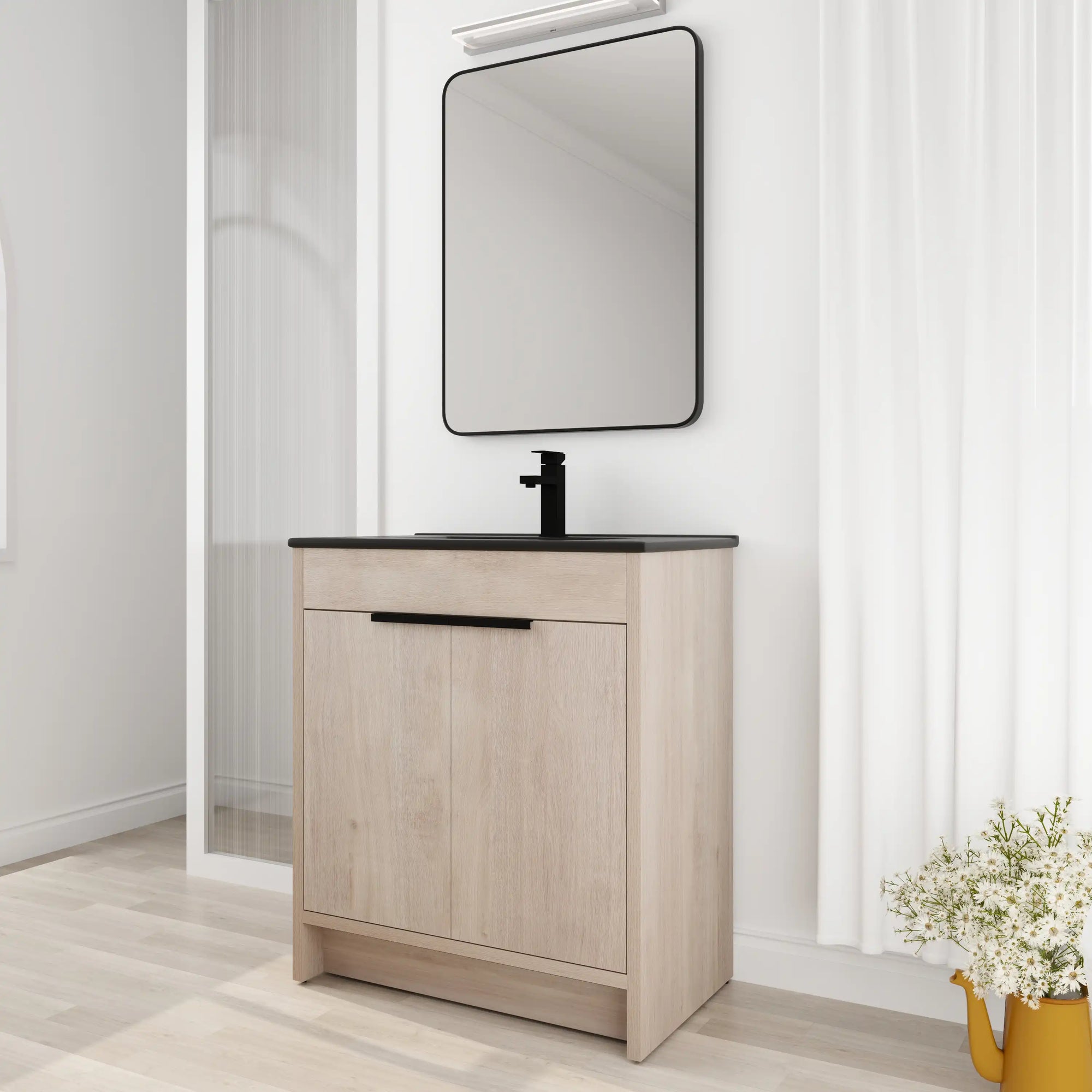 30 inch bathroom vanity with top in light oak finish, black integrated sink, freestanding design, 30" | Ace Decor