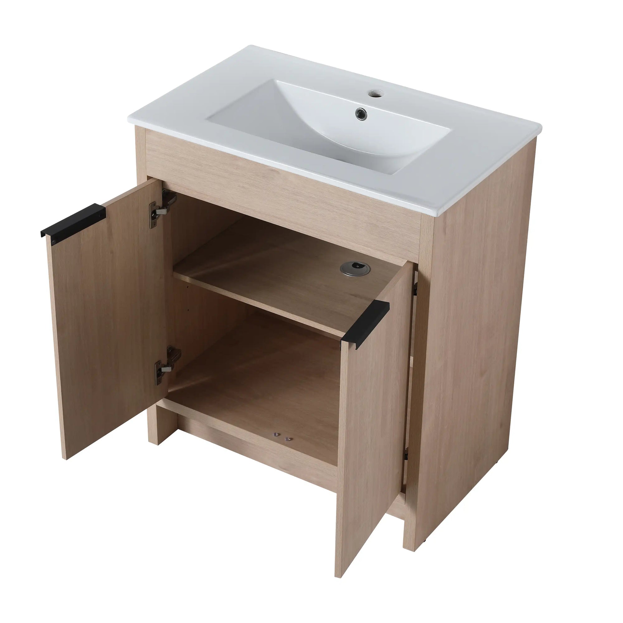 Open-door view of 24" 24in bathroom vanity with interior shelf, soft-close hinges, and integrated sink | Ace Decor