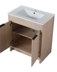 Open-door view of 24" 24in bathroom vanity with interior shelf, soft-close hinges, and integrated sink | Ace Decor
