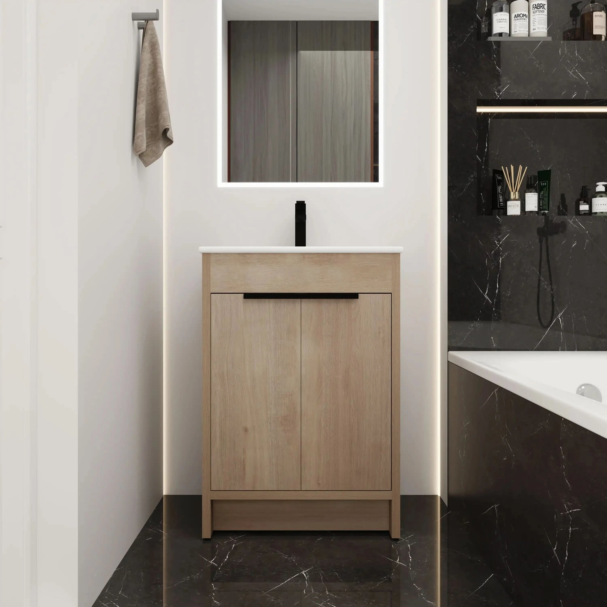 Freestanding Bathroom Vanity with Sink &amp; 2 Soft-Close Doors color: Plain Light Oak