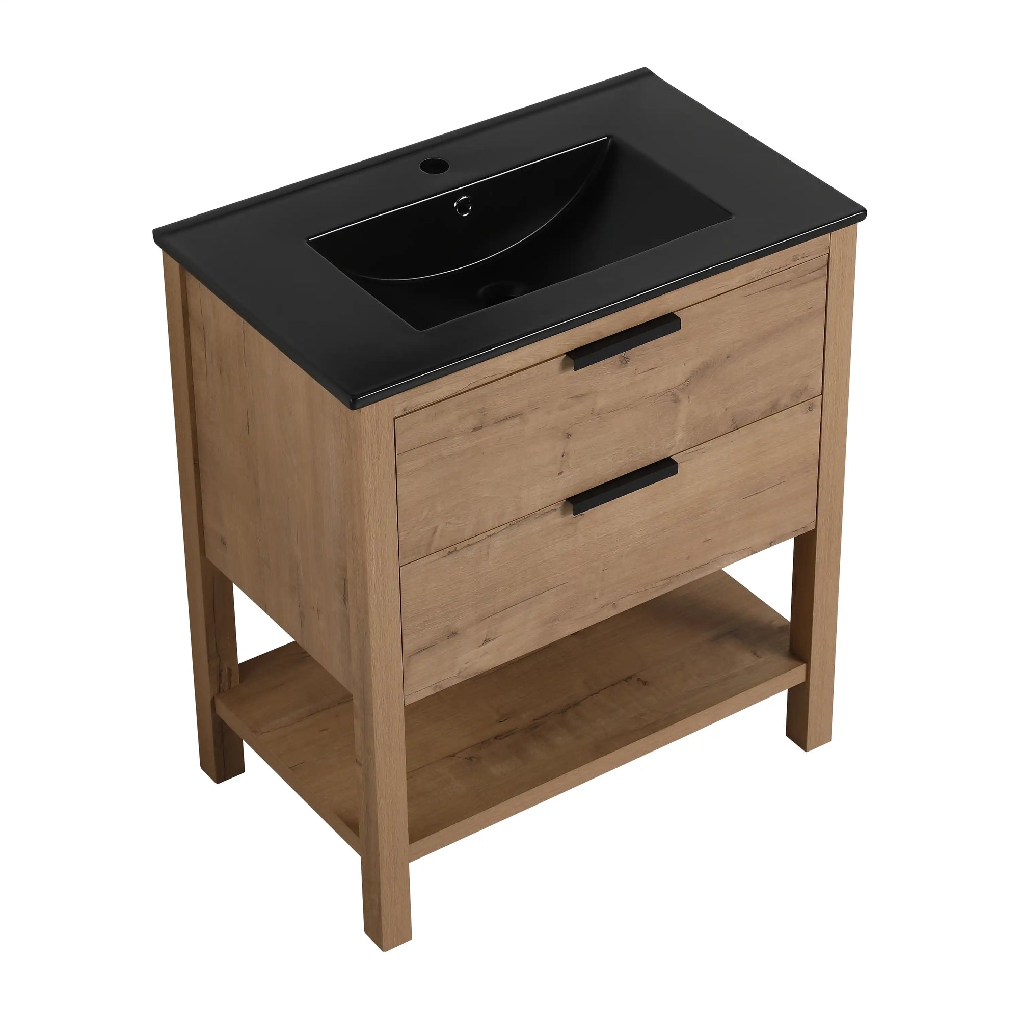 30" freestanding bathroom vanity with black integrated sink, angled product view | Ace Decor