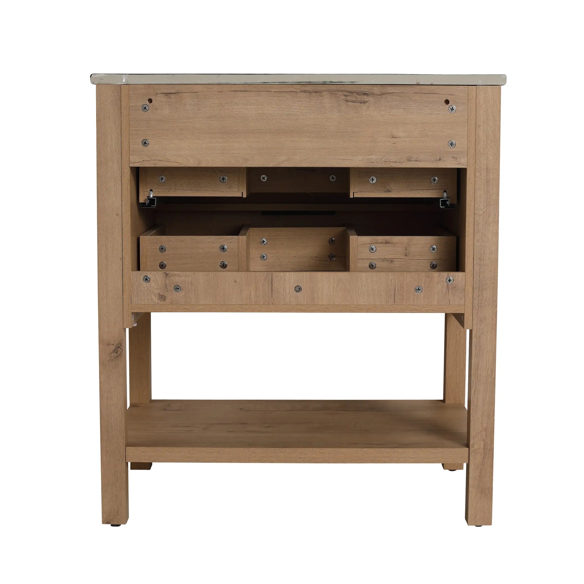 30" freestanding bathroom vanity with black integrated sink, rear view showing solid wood structure | Ace Decor
