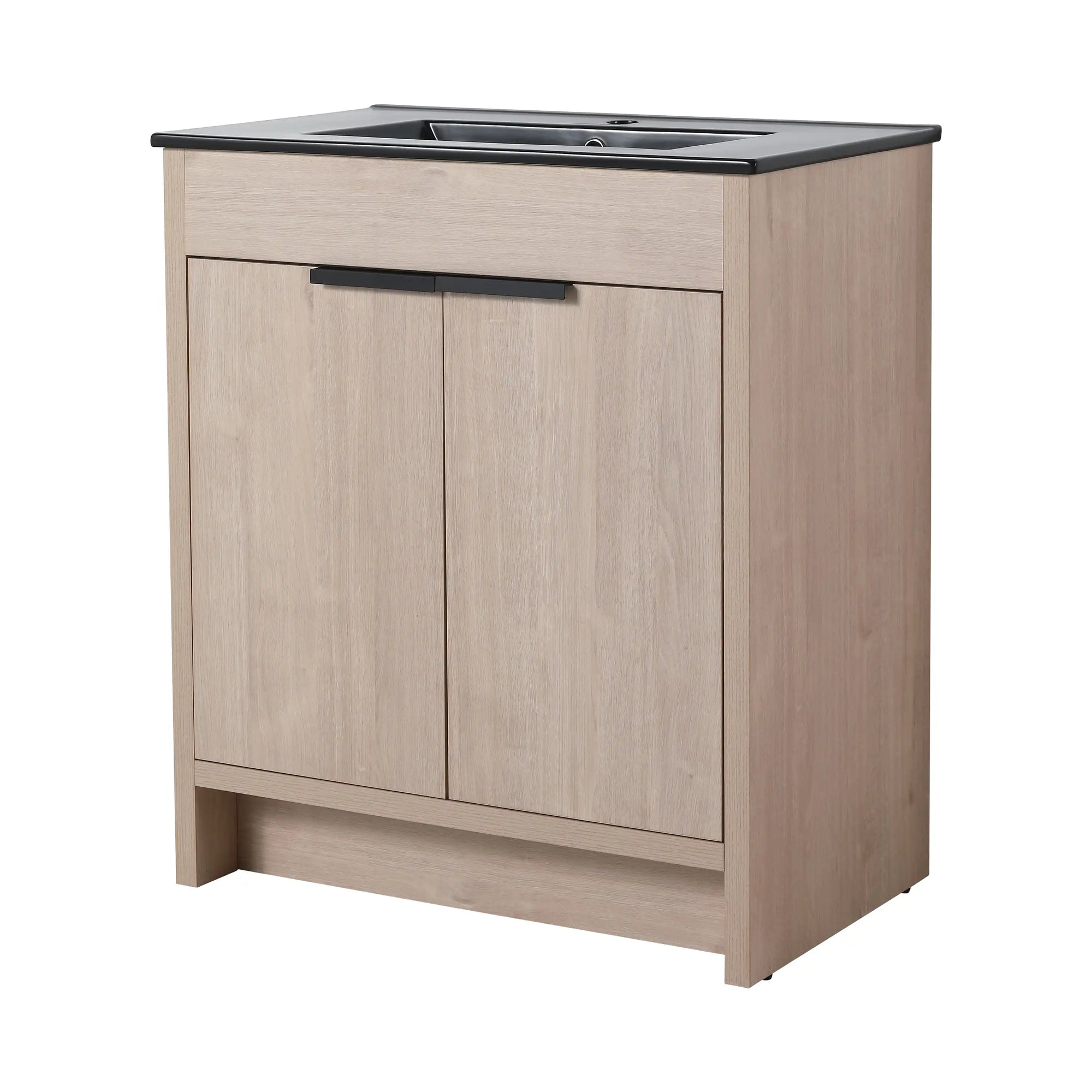 30 inch bathroom vanity with top featuring black integrated sink and matte black handle detail | Ace Decor