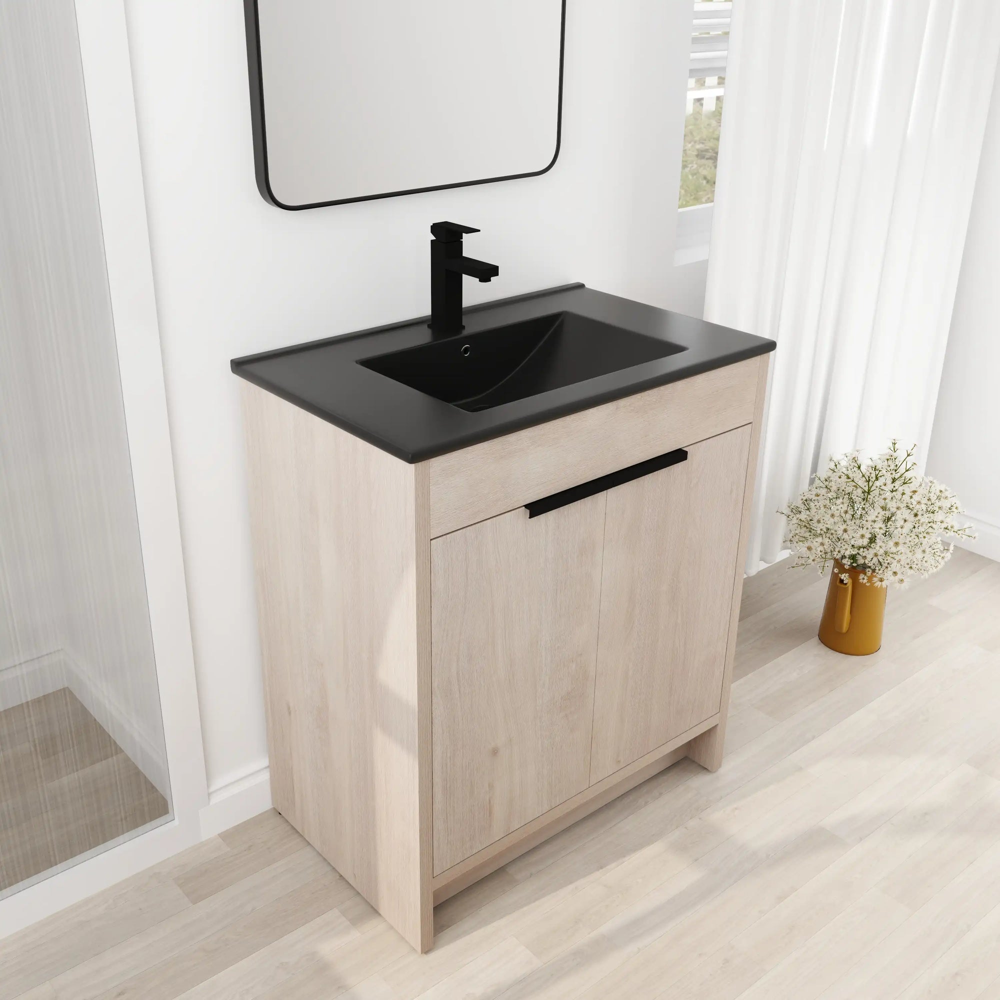30 inch bathroom vanity with top displayed with black sink and faucet in bright bathroom setting | Ace Decor