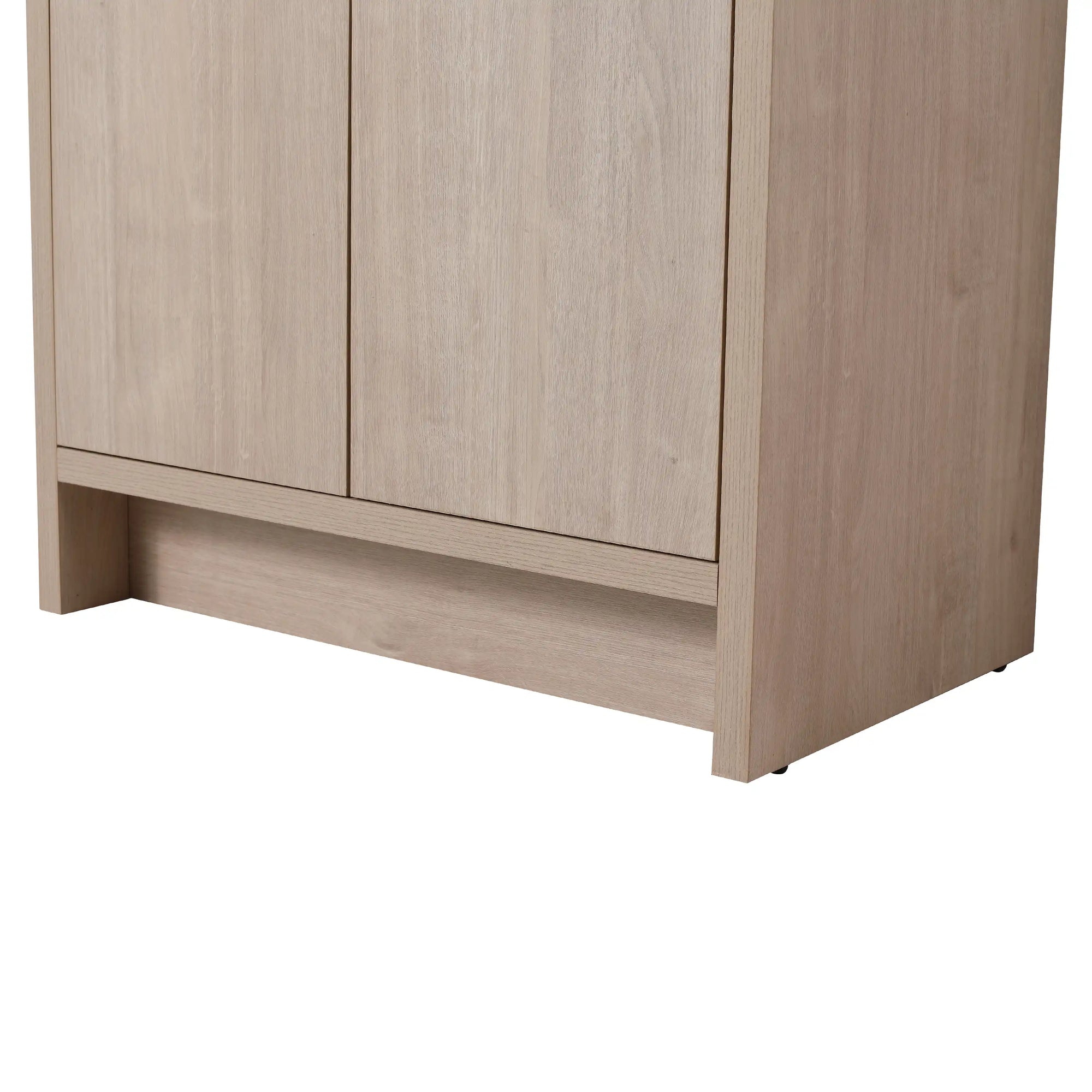 Lower front detail of 24" light oak 24in bathroom vanity, highlighting freestanding base and clean lines | Ace Decor