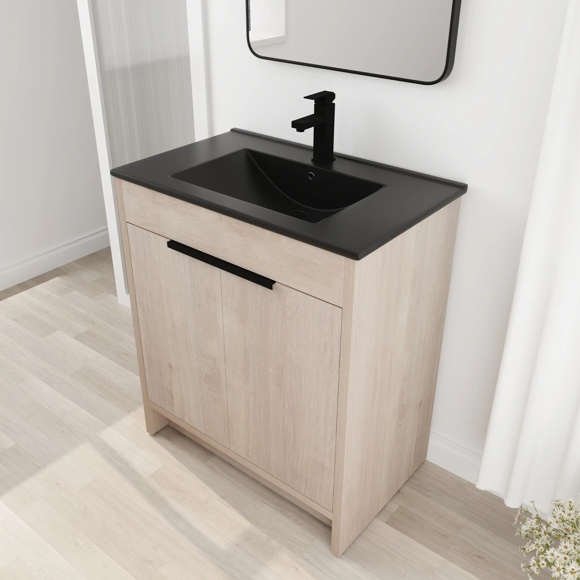 30 inch bathroom vanity with top angled view showing black integrated sink and freestanding cabinet | Ace Decor