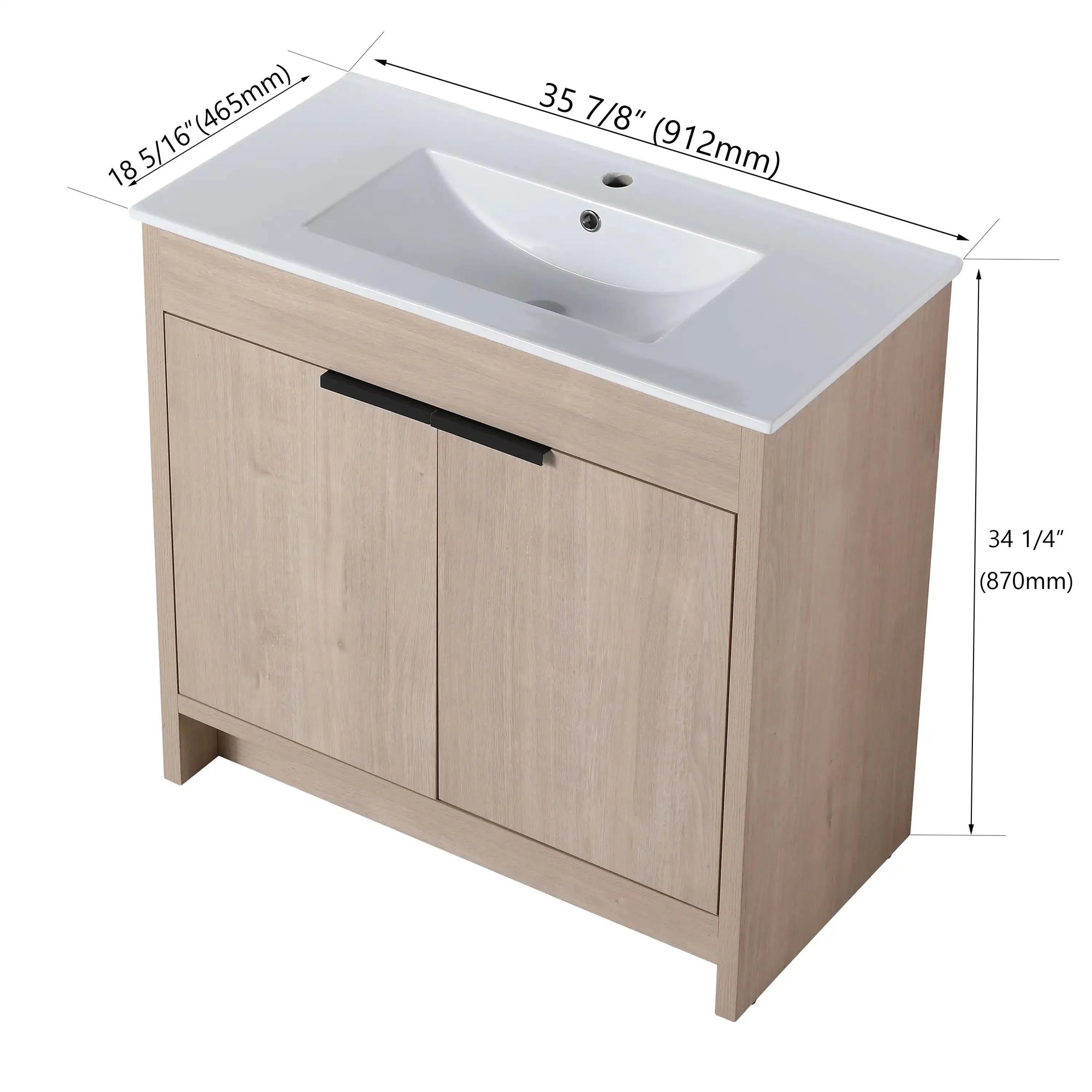 Freestanding Bathroom Vanity with Sink &amp; 2 Soft-Close Doors color: Plain Light Oak