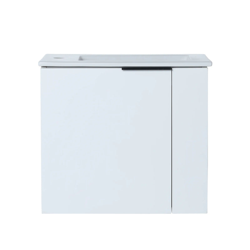 22” White Wall-Mounted Floating Bathroom Vanity Sink - 1 Storage Space & Side Faucet