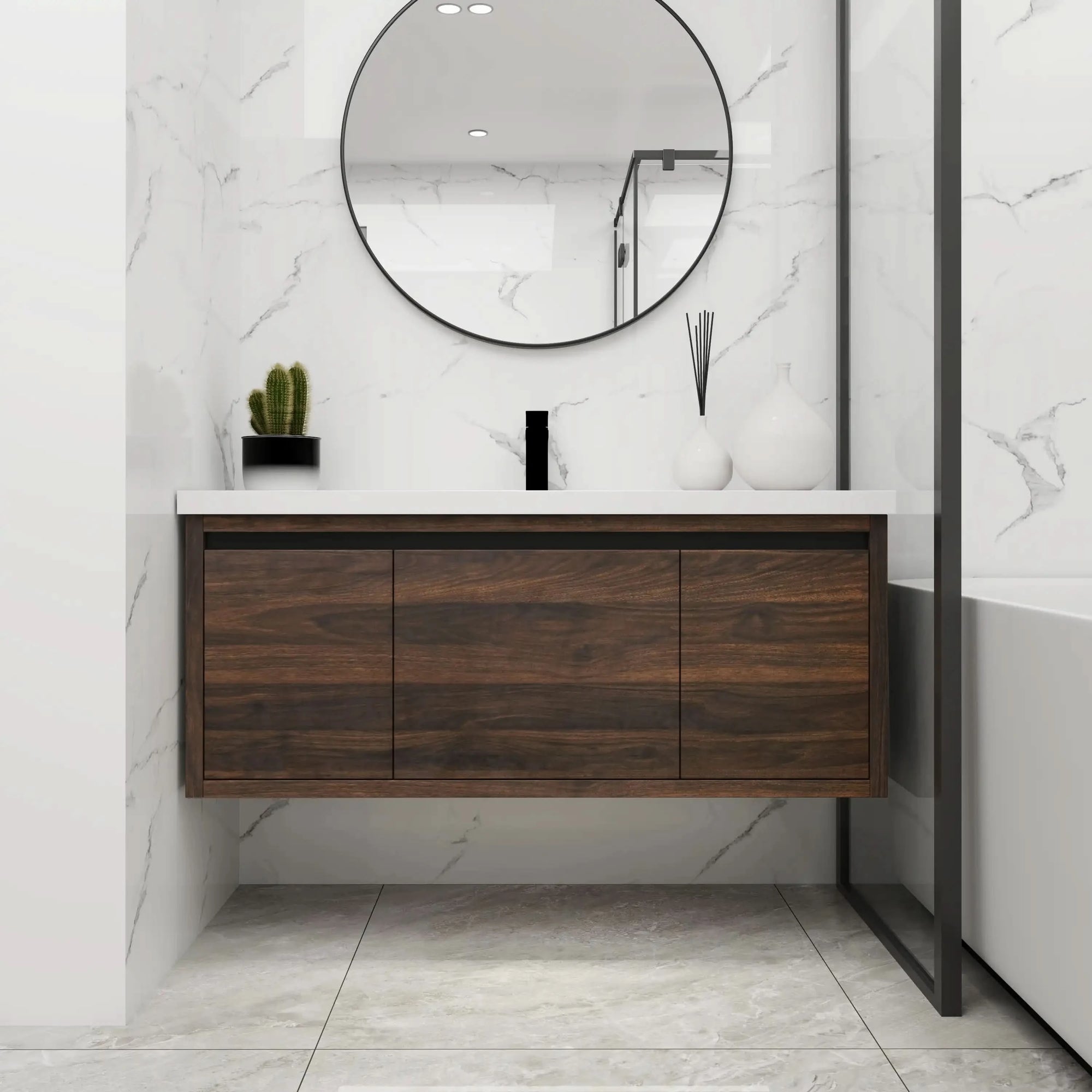 Compact Floating Bathroom Cabinet with Sink & Soft Close Doors color: California Walnut