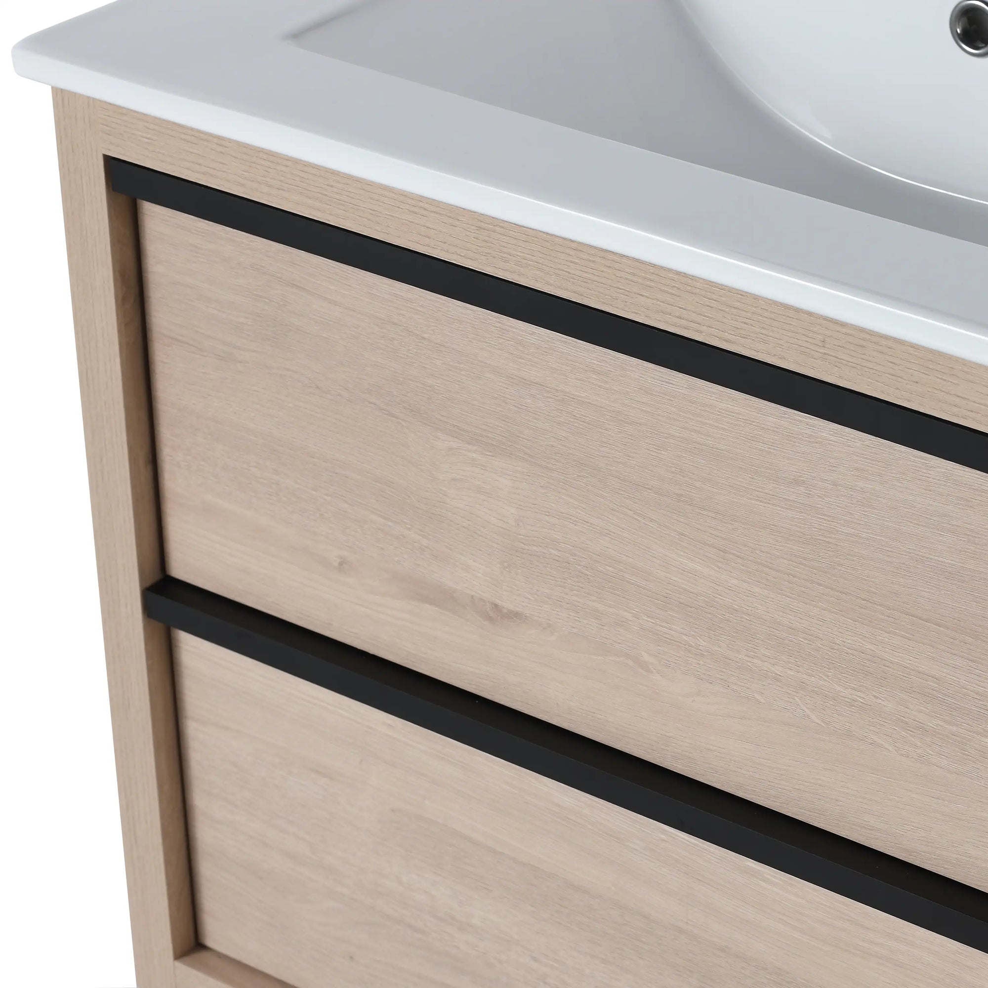 24" bathroom wall mount vanity drawer detail in light oak with black handle accents | Ace Decor