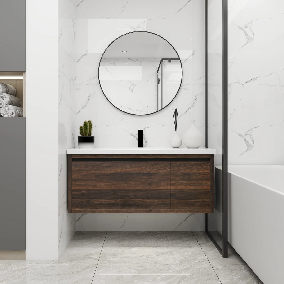 Walden Series 47" Modern Wall-Mounted Bathroom Vanity with Integrated Sink in Walnut