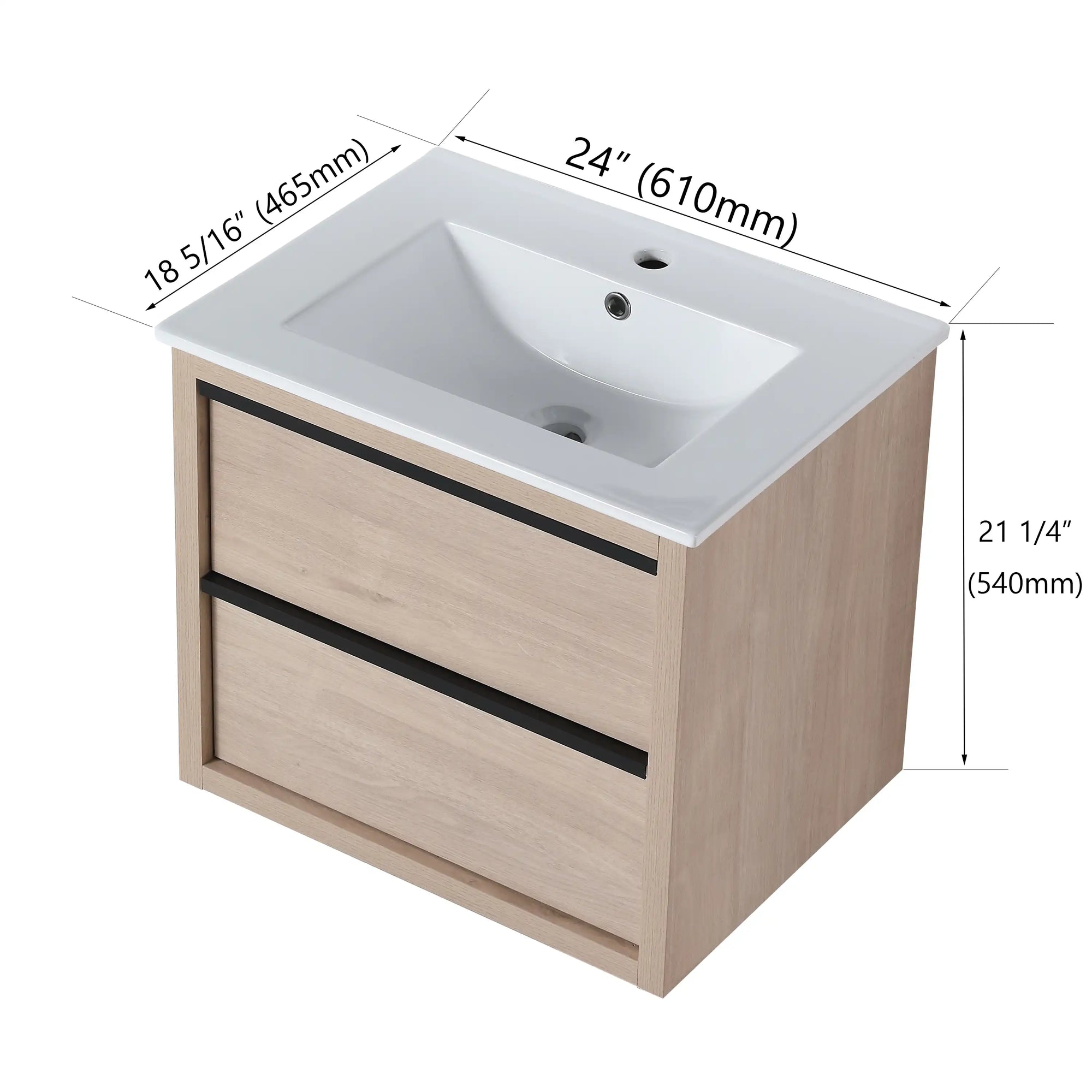 24" bathroom wall mount vanity with white integrated sink and light oak finish, front view with dimensions shown | Ace Decor