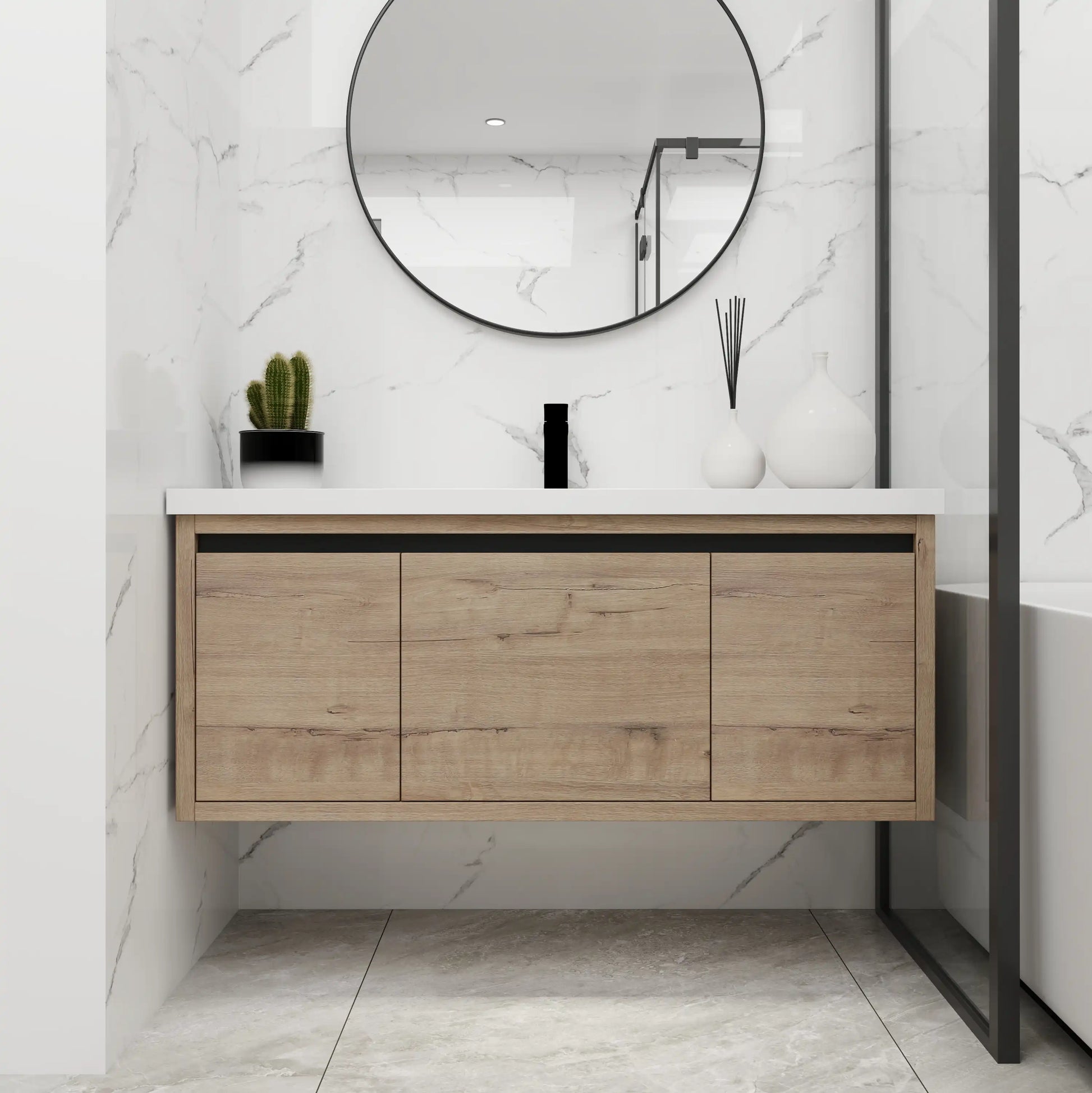 Compact Floating Bathroom Cabinet with Sink & Soft Close Doors color: Imitative Oak