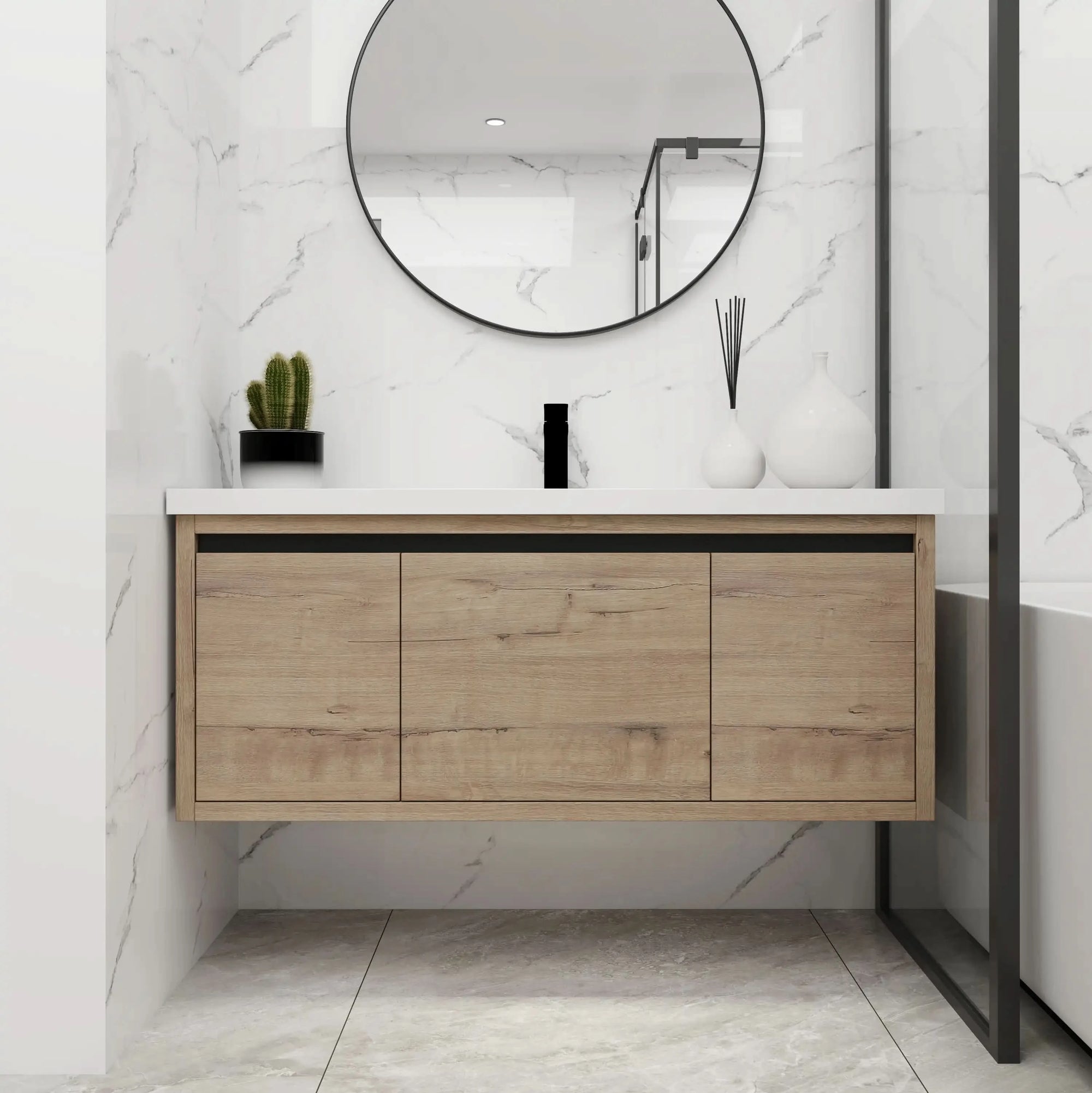 Compact Floating Bathroom Cabinet with Sink &amp; Soft Close Doors color: Imitative Oak