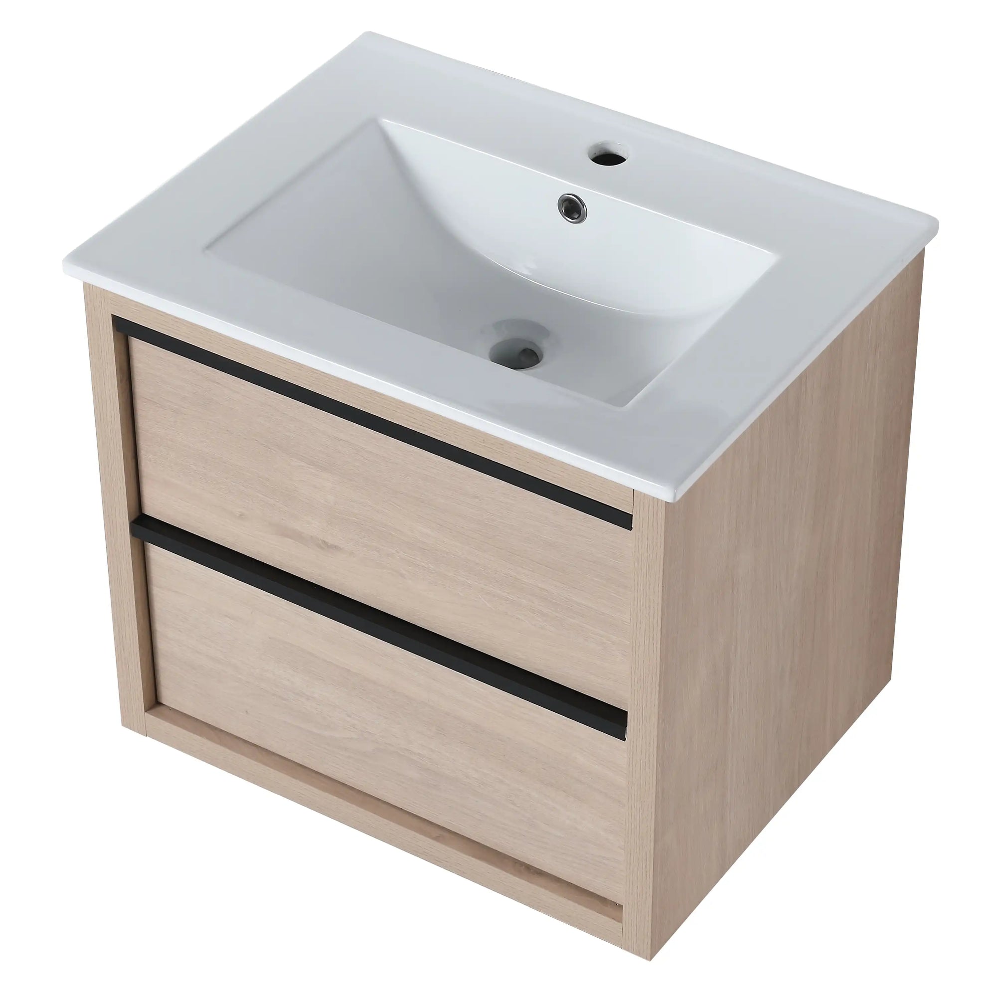 24" bathroom wall mount vanity with white ceramic sink, angled front perspective | Ace Decor