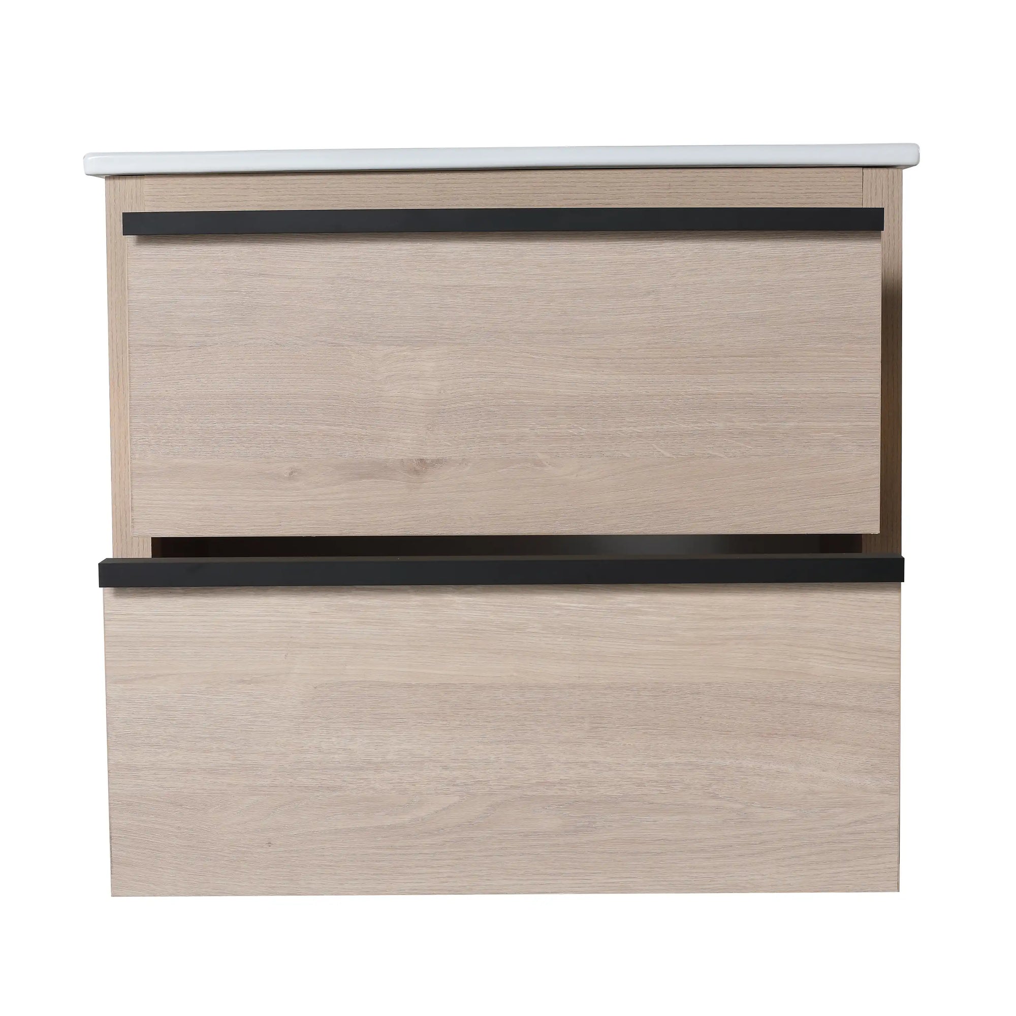 24" bathroom wall mount vanity front view with light oak drawers and black handle accents | Ace Decor