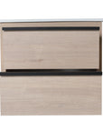24" bathroom wall mount vanity front view with light oak drawers and black handle accents | Ace Decor