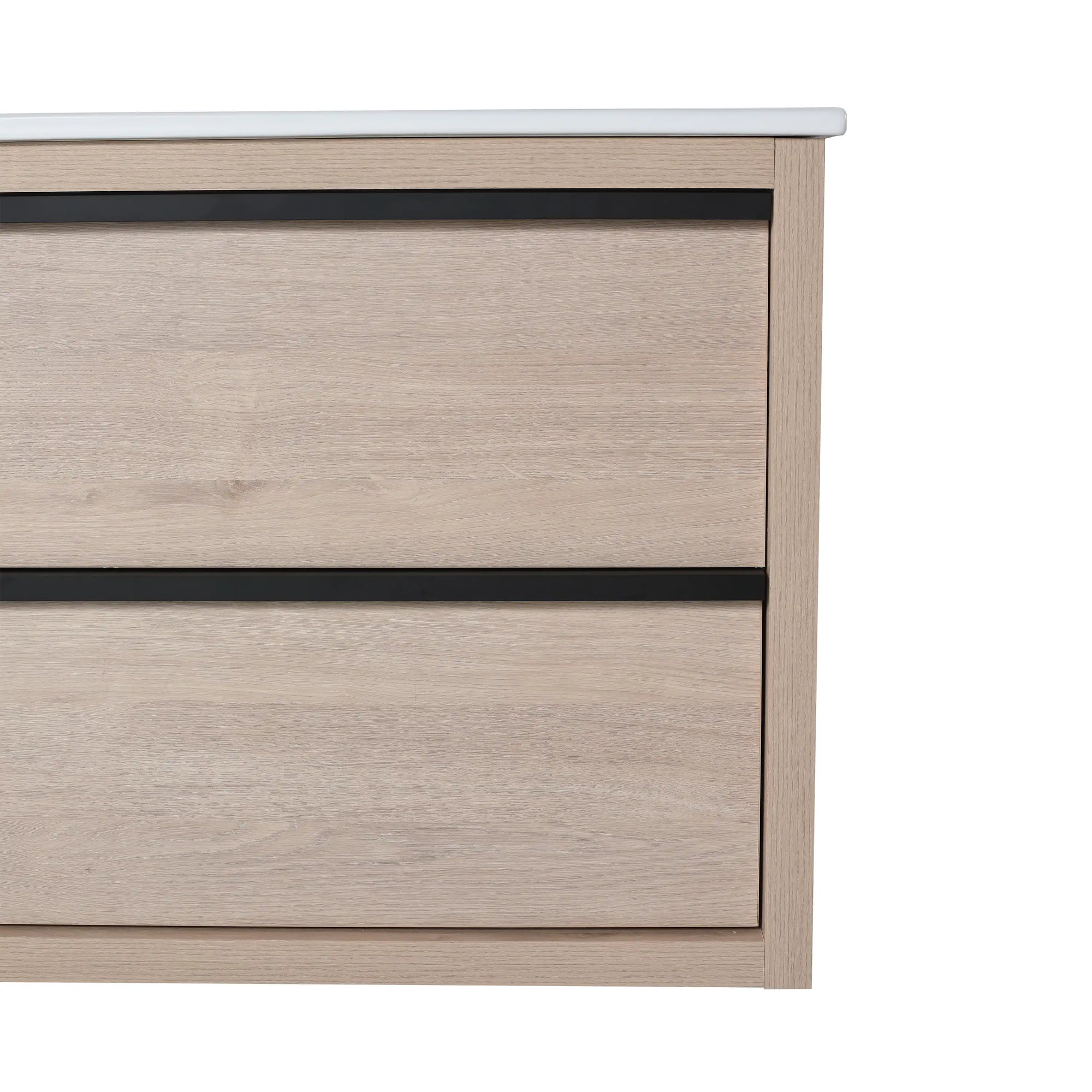 24" bathroom wall mount vanity drawer detail in light oak with black trim handles | Ace Decor