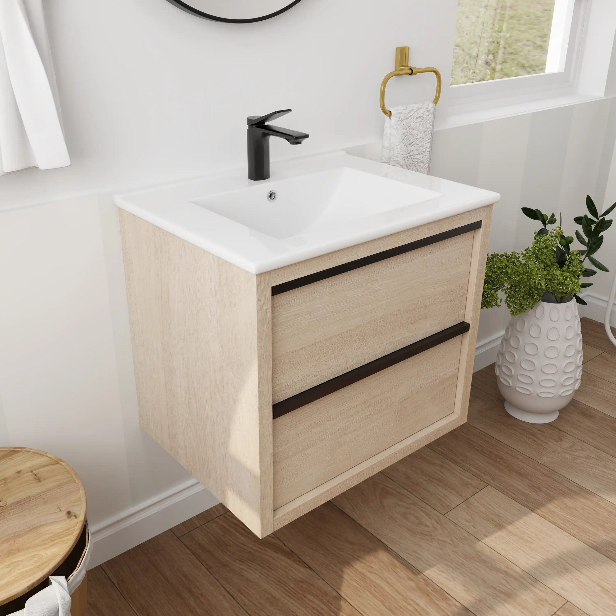 24" bathroom wall mount vanity with white integrated sink and light oak finish in modern bathroom setting | Ace Decor