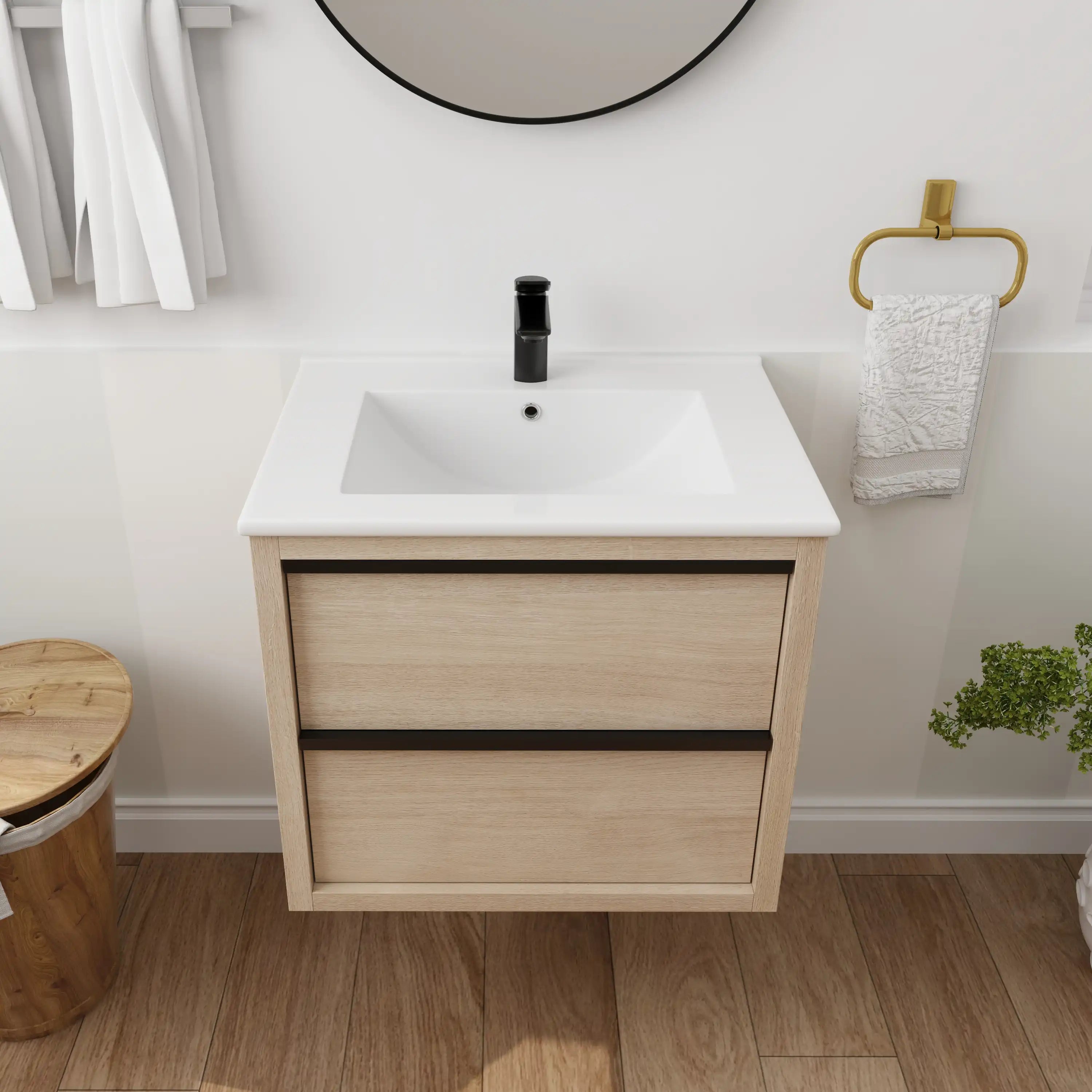 24" bathroom wall mount vanity front view with integrated sink and black faucet.