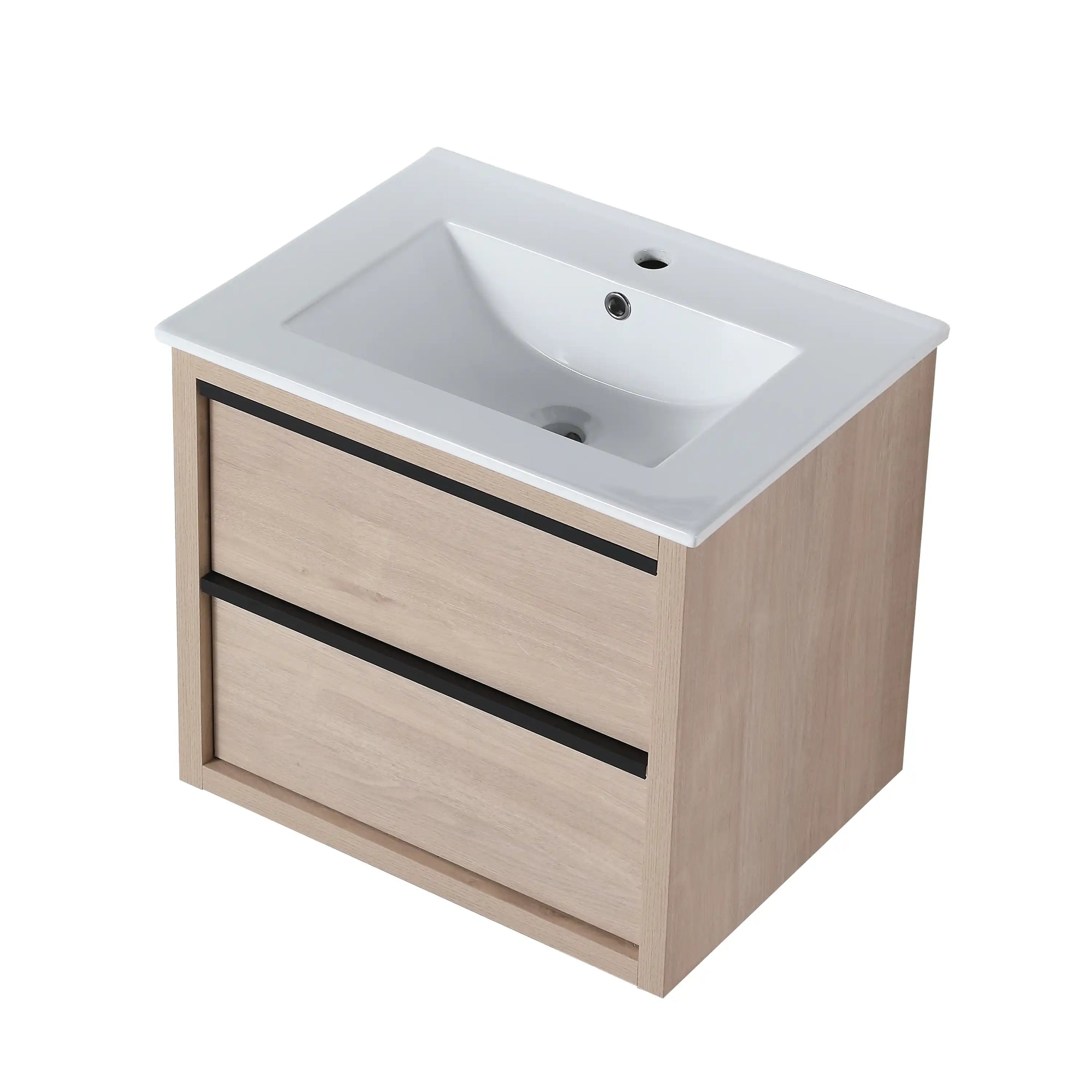 24" bathroom wall mount vanity angled view with white ceramic sink and black trim handles | Ace Decor