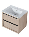 24" bathroom wall mount vanity angled view with white ceramic sink and black trim handles | Ace Decor