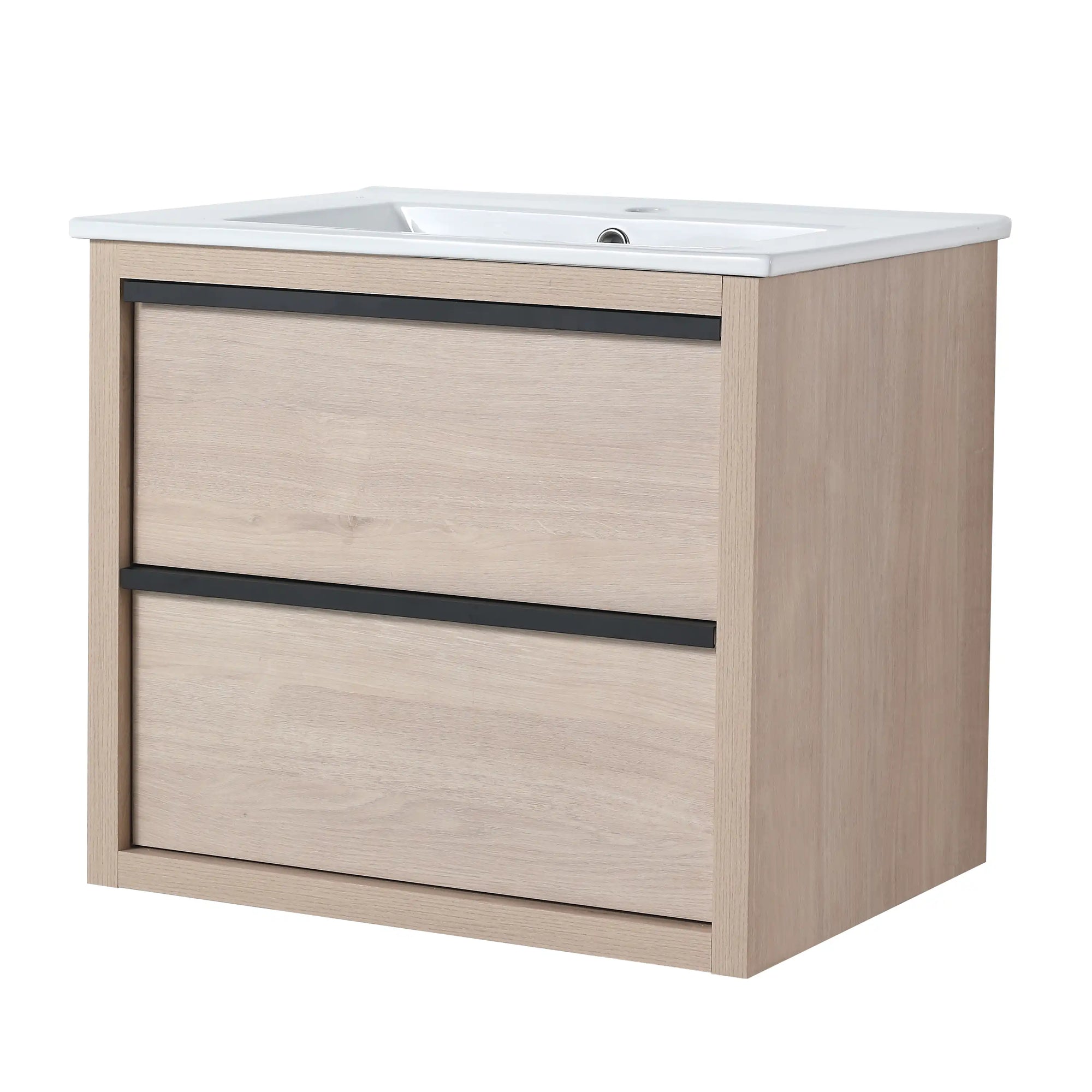24" bathroom wall mount vanity side perspective with light oak cabinet and black accent lines | Ace Decor