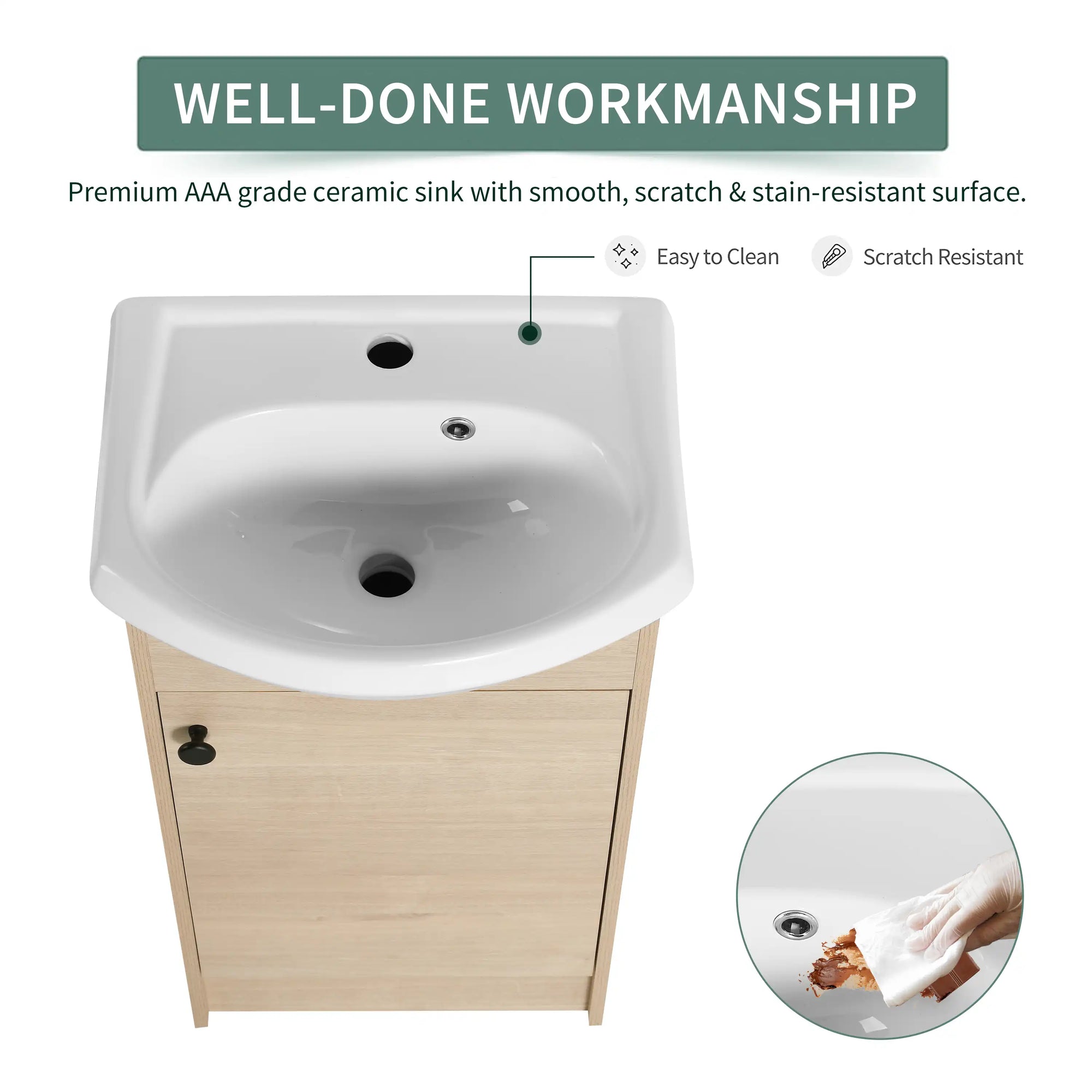 18" bathroom vanity with bowl sink showcasing smooth scratch-resistant ceramic basin | Ace Decor