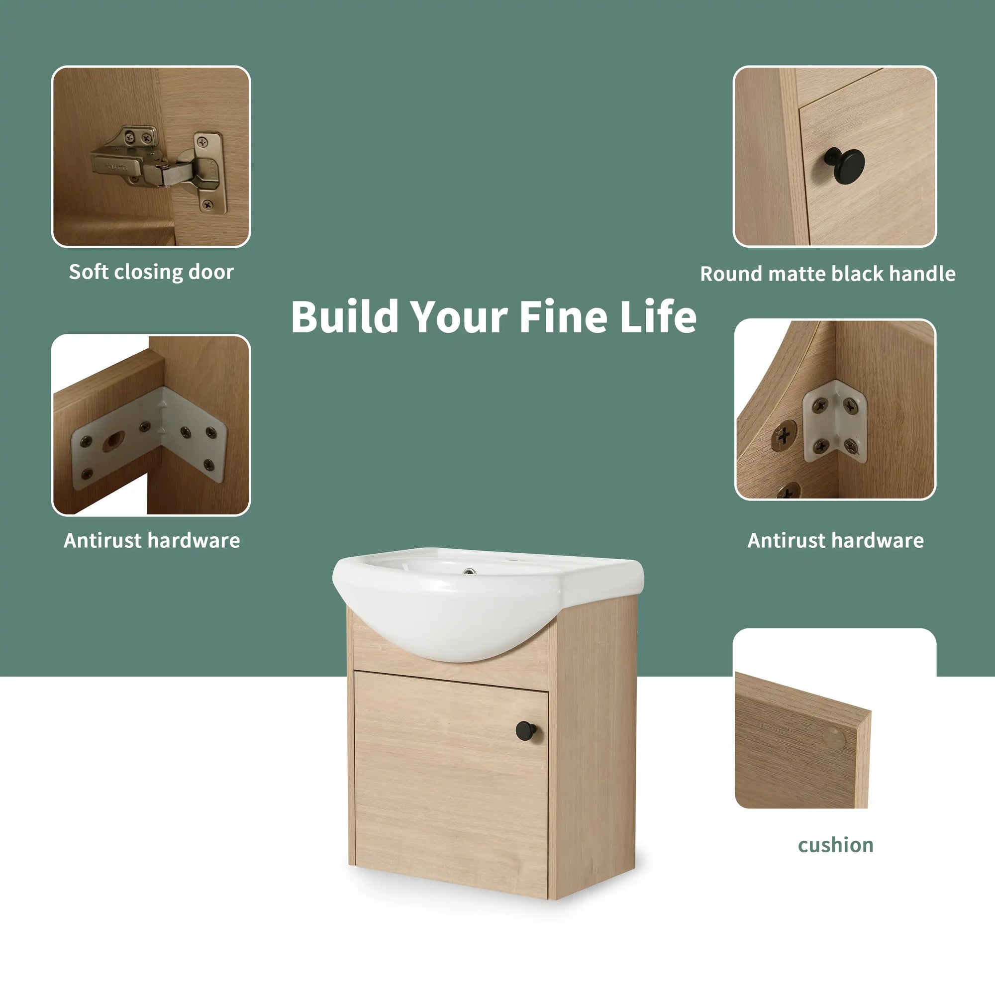18" small bathroom vanity with sink showing soft-close door, matte black handle, and anti-rust hardware | Ace Decor