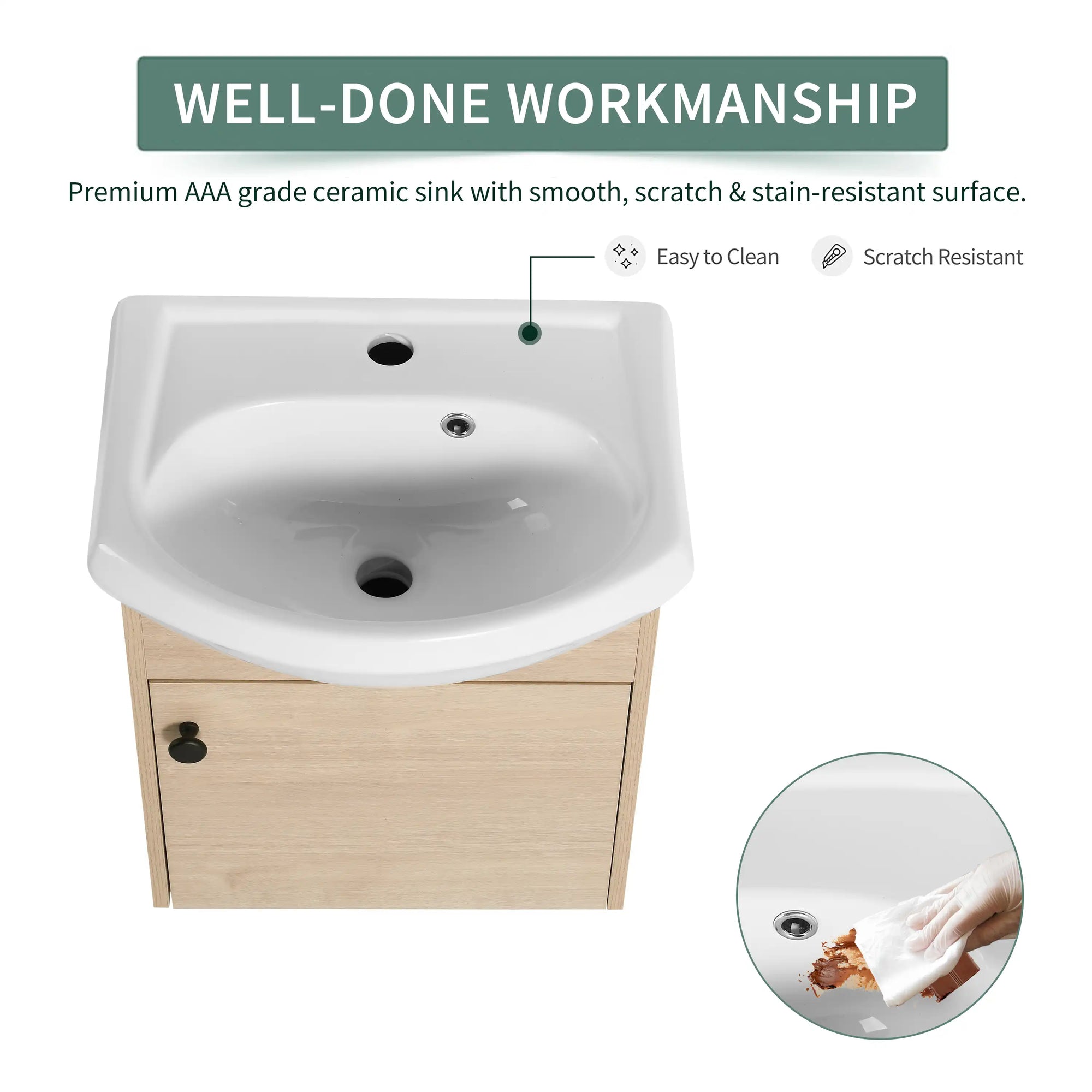 18" small bathroom vanity with sink highlighting curved ceramic basin, smooth and easy-to-clean surface | Ace Decor
