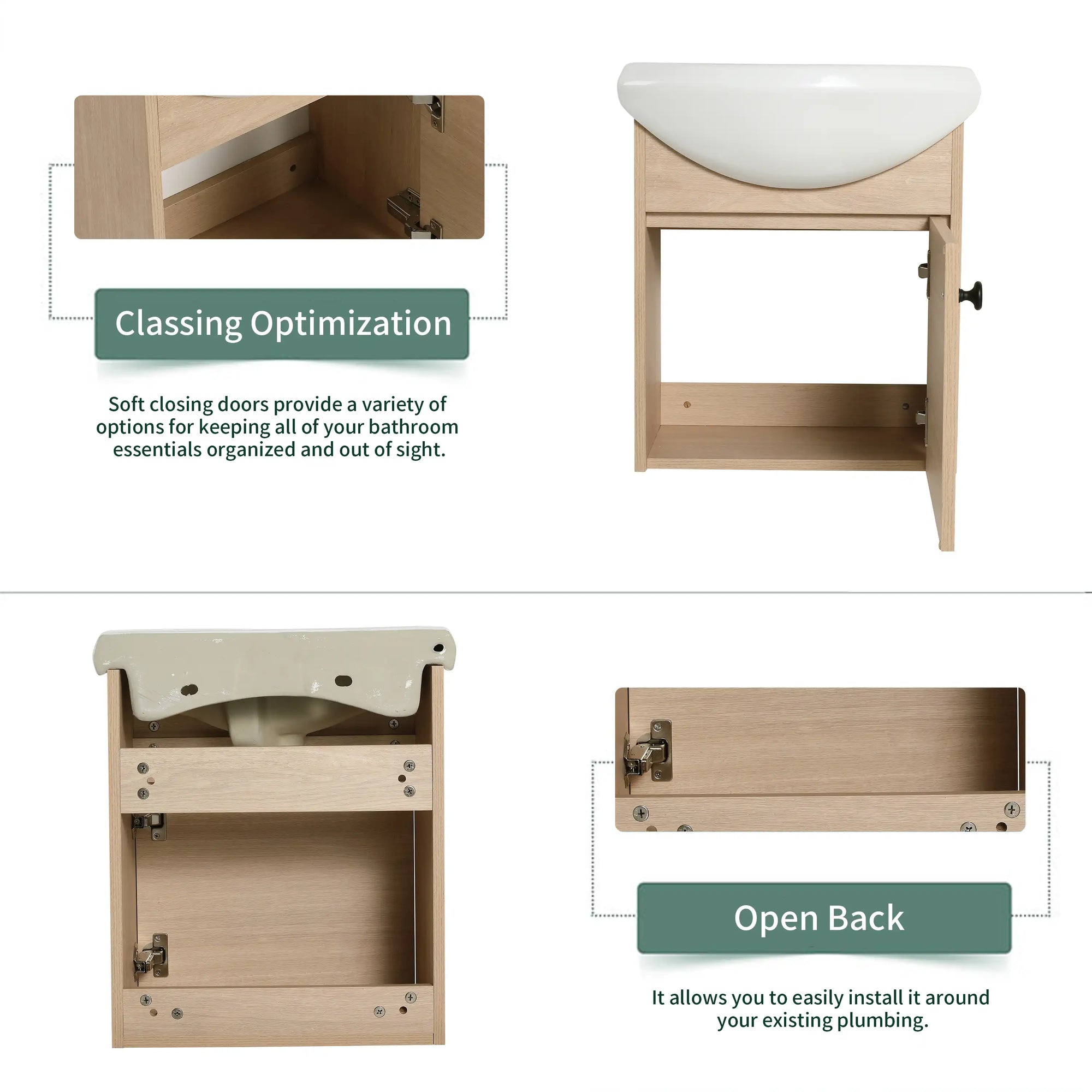 18" small bathroom vanity with sink featuring open-back design for easy plumbing installation | Ace Decor