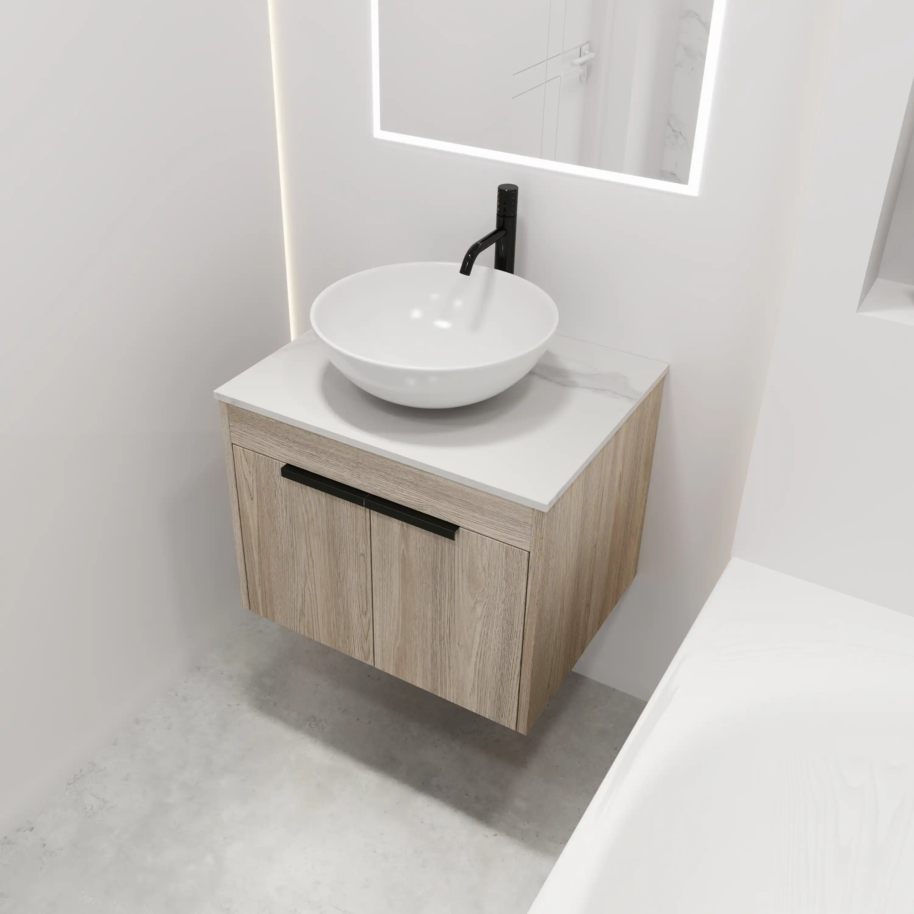24" vessel sink vanity angled view with floating wall-mounted design.