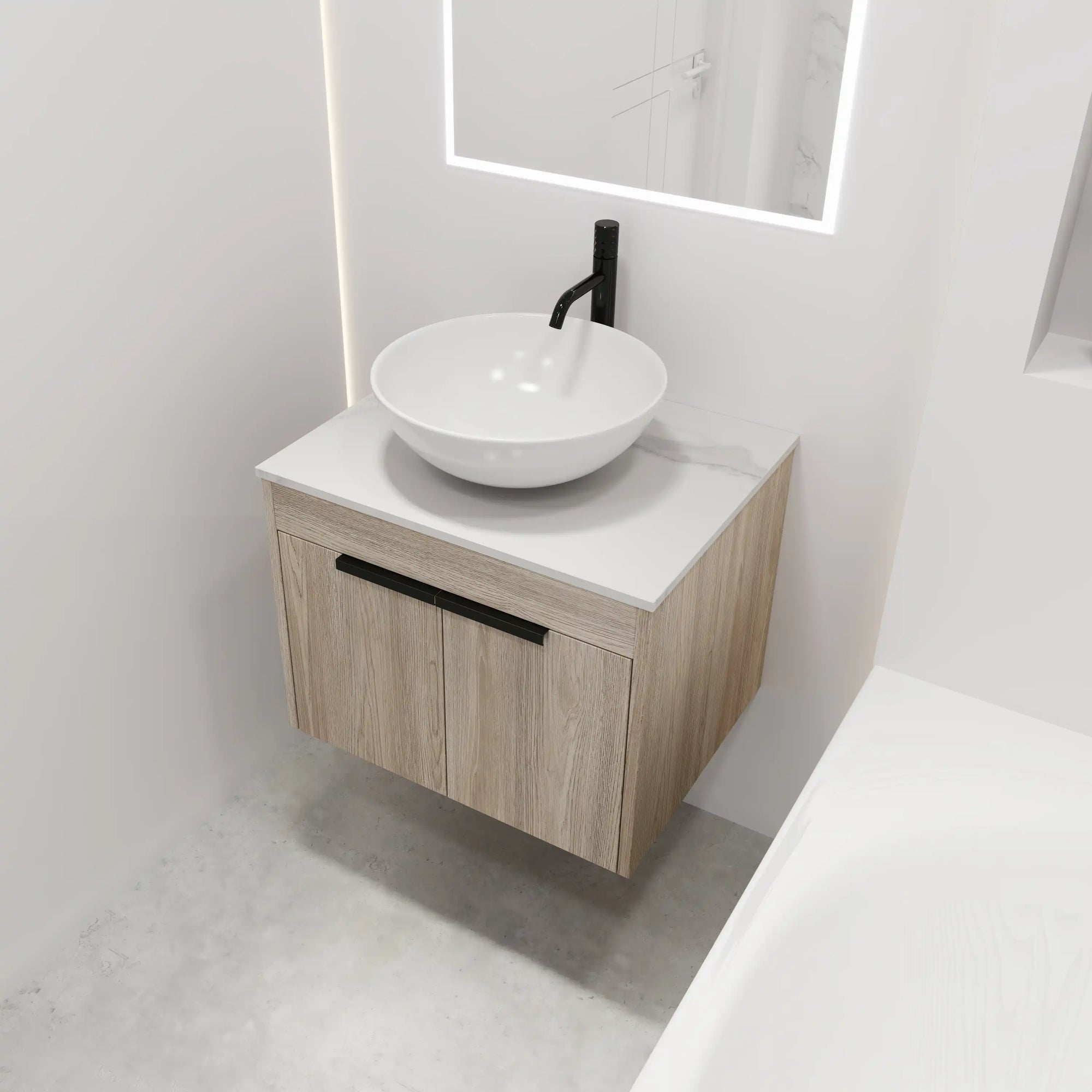 24" vessel sink vanity angled view with floating wall-mounted design | Ace Decor