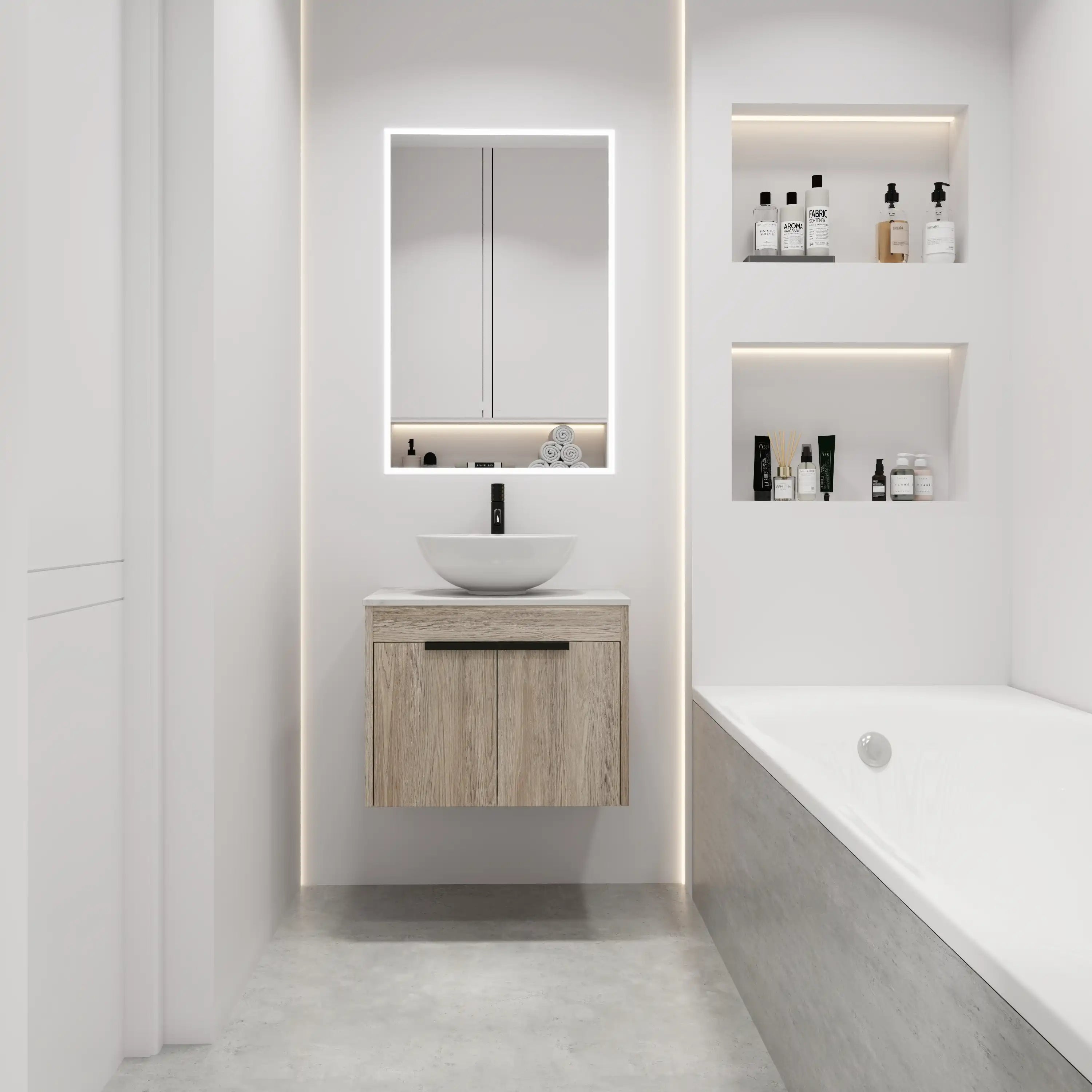 24" vessel sink vanity full bathroom layout with LED mirror.