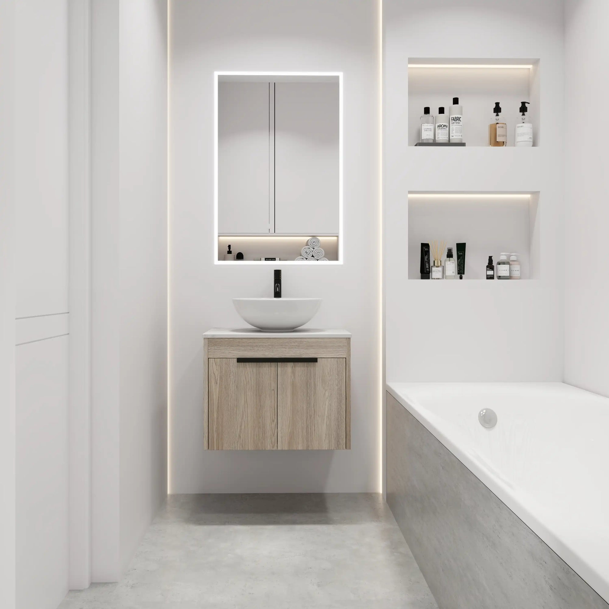 24" vessel sink vanity full bathroom layout with LED mirror | Ace Decor