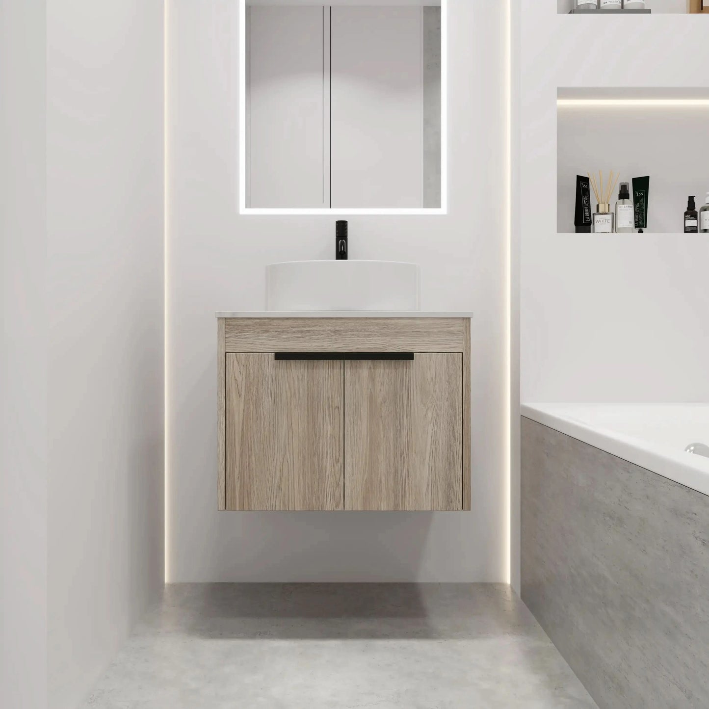 24" Modern Floating Bathroom Vanity with Ceramic Sink - Wall-Mounted White Oak Cabinet with Soft Close Doors color: White Oak