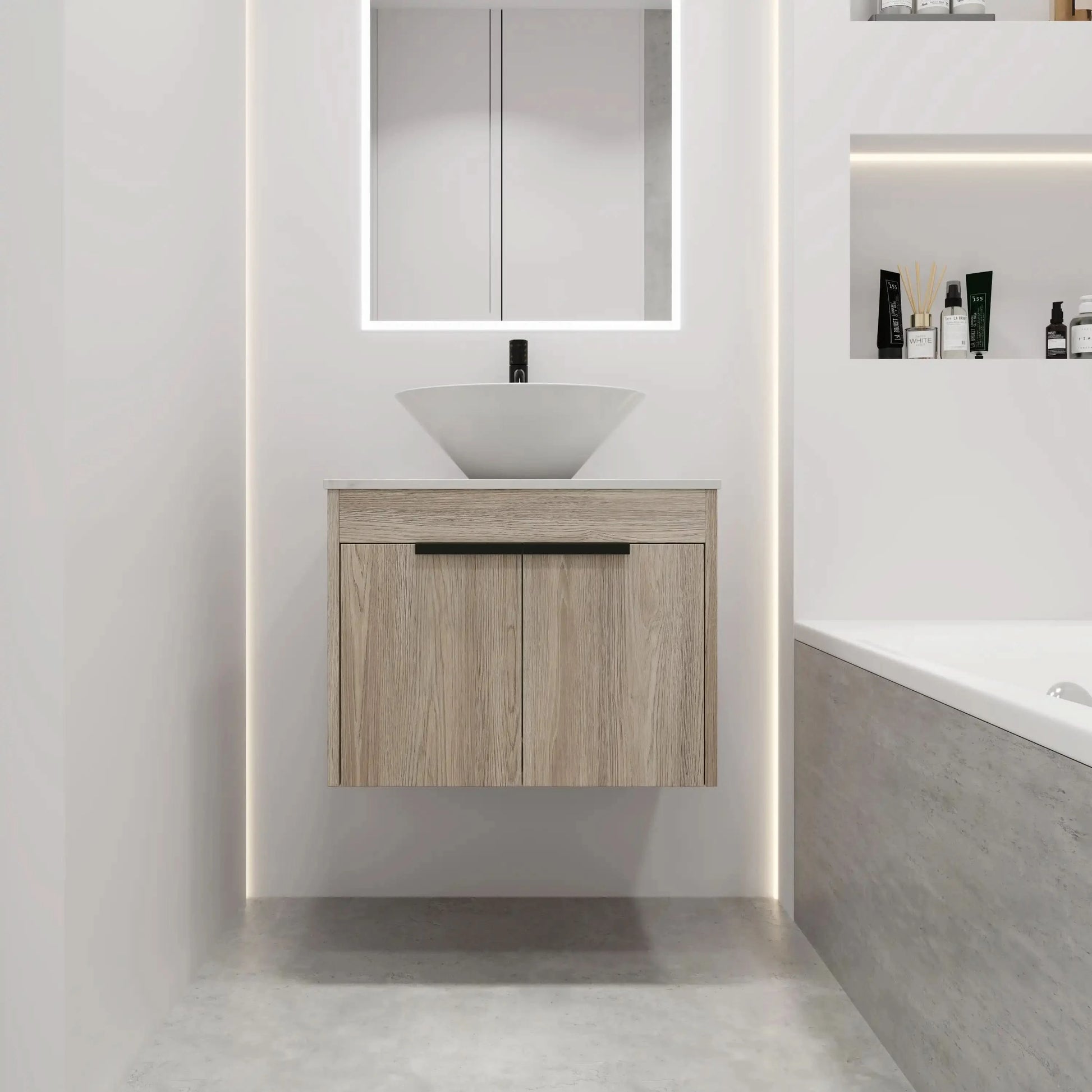 24" Modern Floating Bathroom Vanity with Ceramic Sink - Wall-Mounted White Oak Cabinet with Soft Close Doors color: White Oak